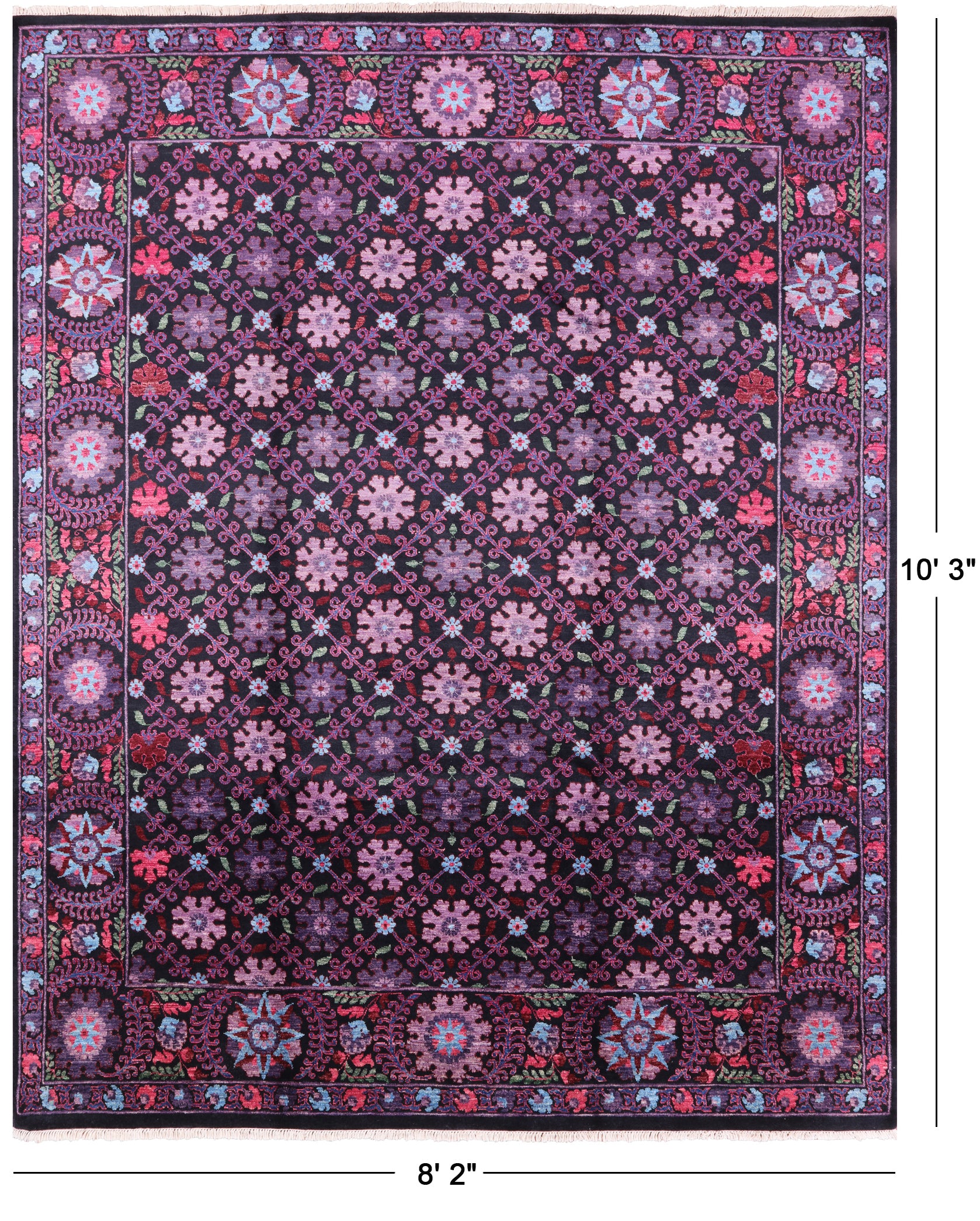 Black William Morris Hand Knotted Wool Area Rug - 8' 2" X 10' 3" - Golden Nile