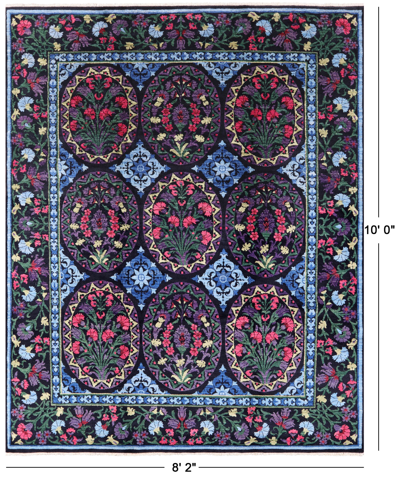 Black William Morris Hand Knotted Wool Area Rug - 8' 2" X 10' 0" - Golden Nile