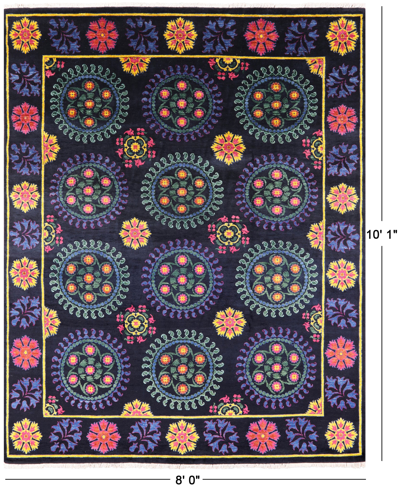 Black William Morris Hand Knotted Wool Rug - 8' 0" X 10' 1" - Golden Nile