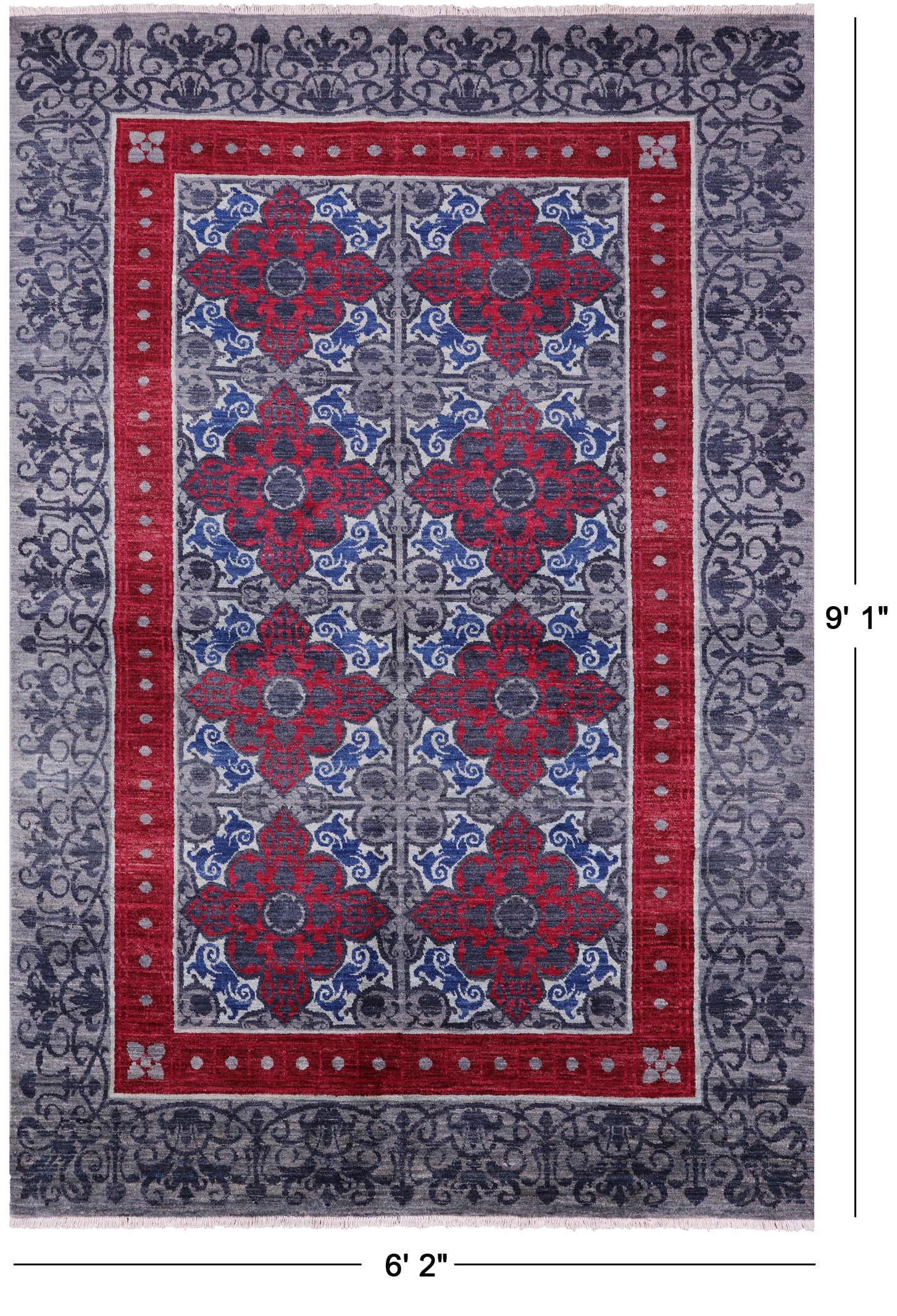 Grey William Morris Handmade Wool Rug - 6' 2" X 9' 1" - Golden Nile