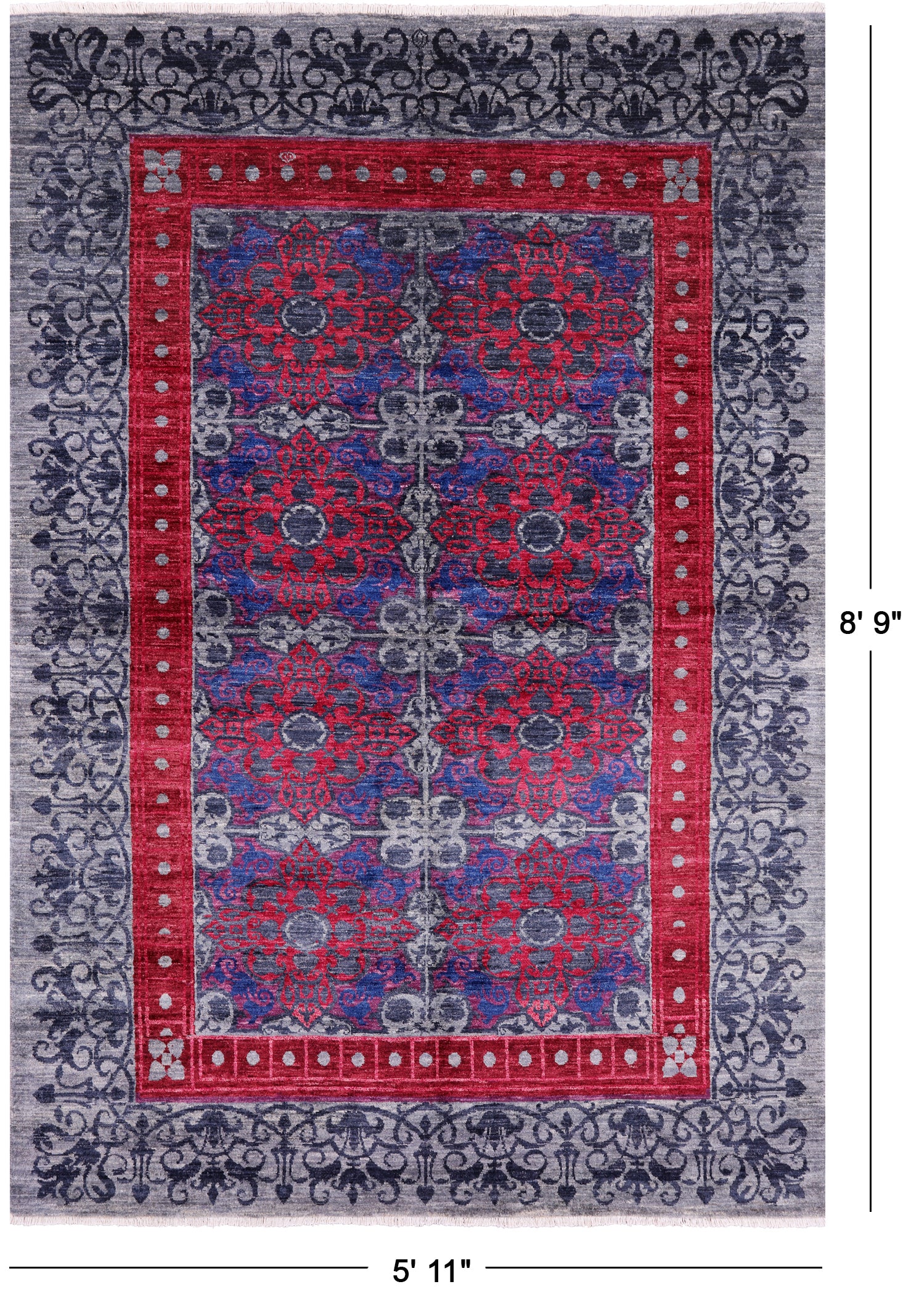Grey William Morris Handmade Wool Rug - 5' 11" X 8' 9" - Golden Nile