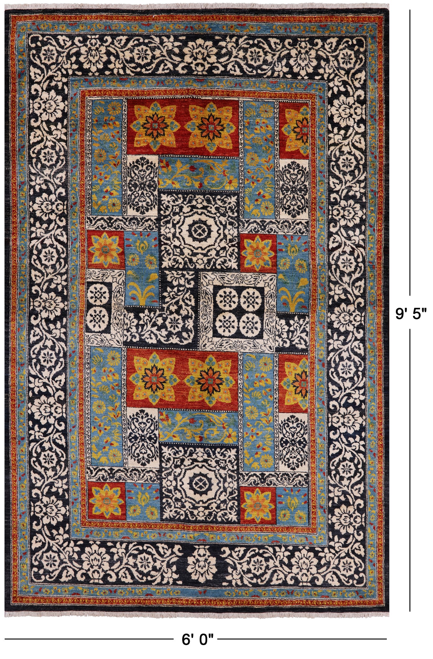Black William Morris Hand Knotted Wool Area Rug - 6' 0" X 9' 5" - Golden Nile