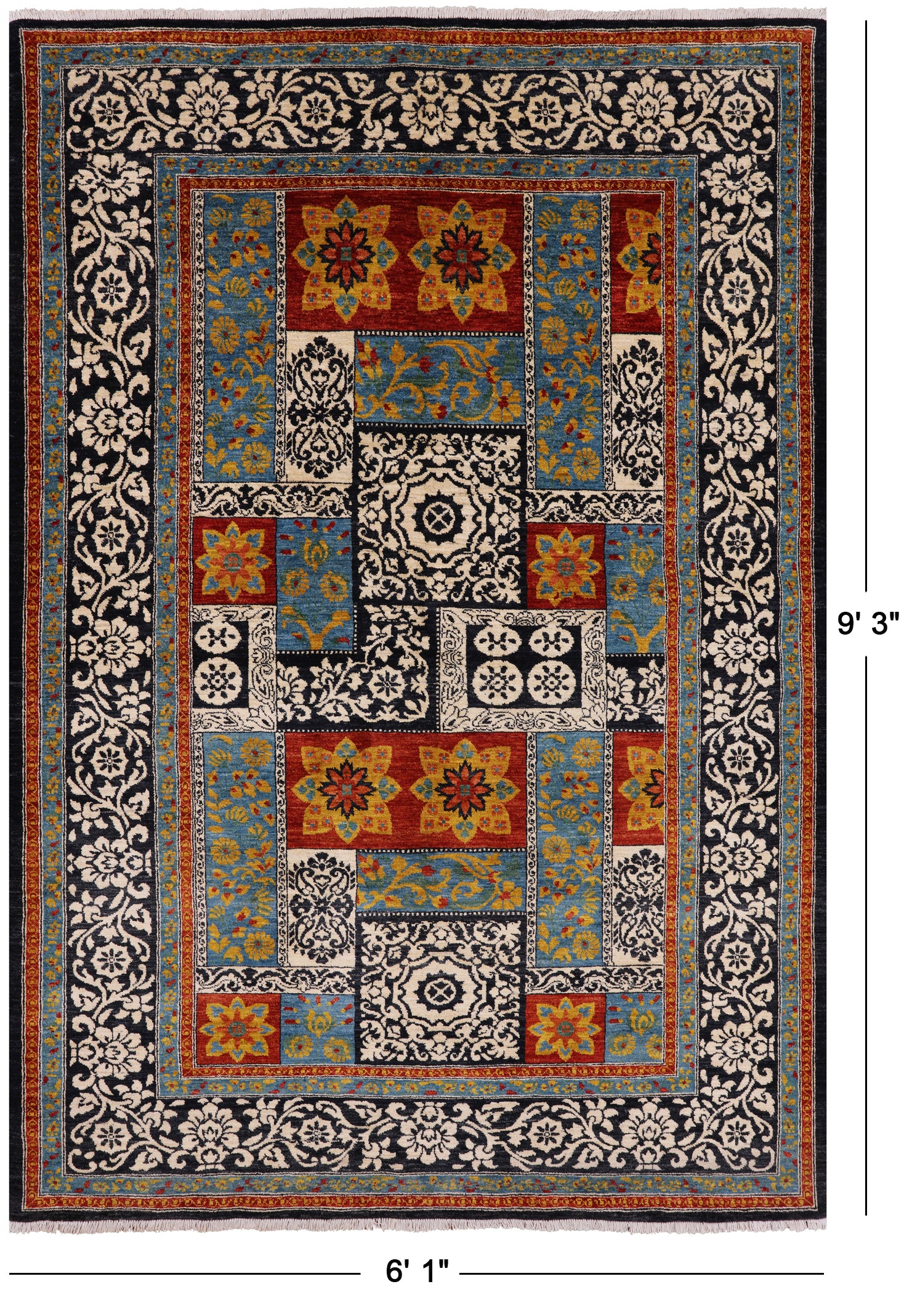 Black William Morris Handmade Wool Area Rug - 6' 1" X 9' 3 - Golden Nile