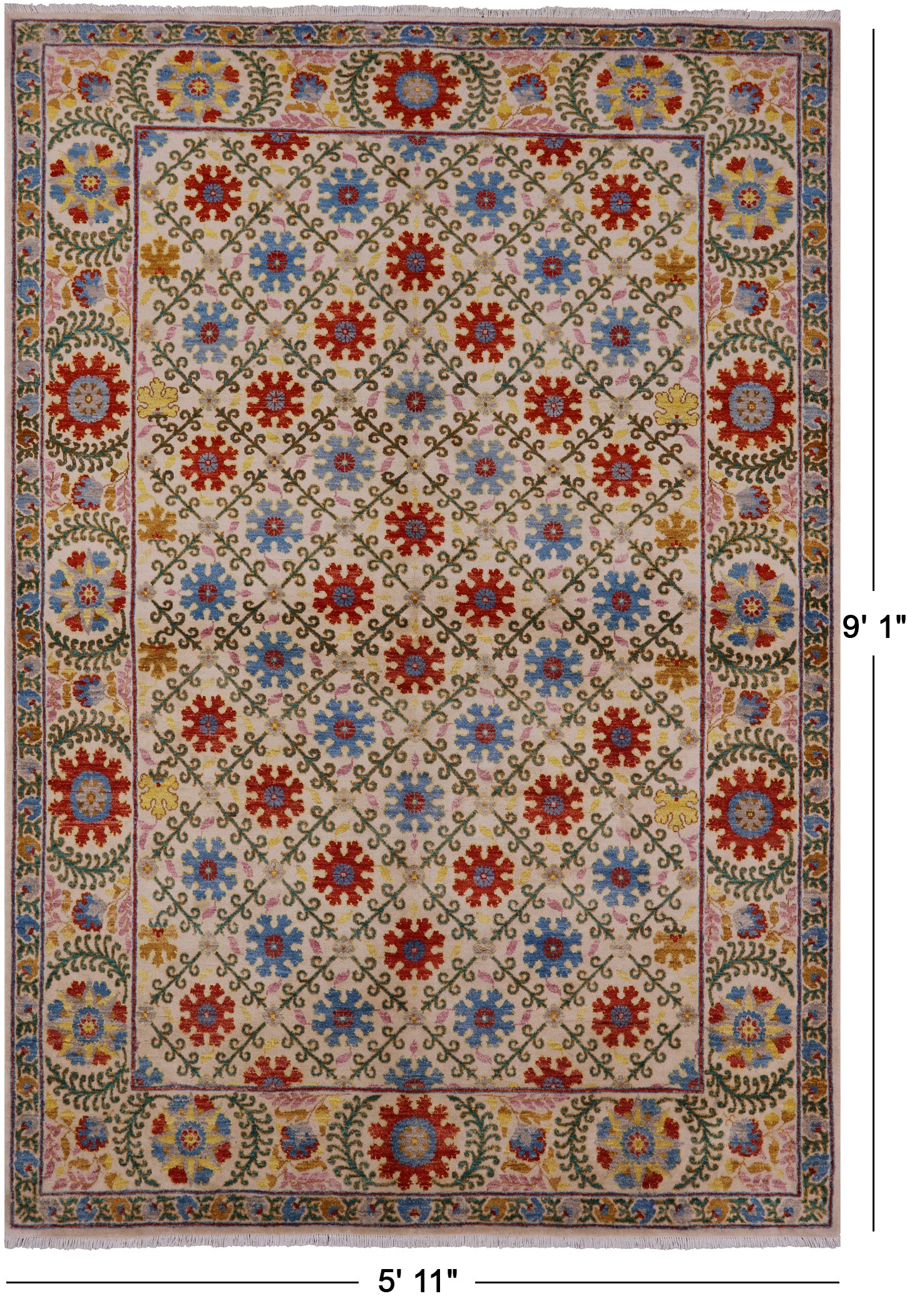 Ivory William Morris Hand Knotted Wool Rug - 5' 11" X 9' 1" - Golden Nile