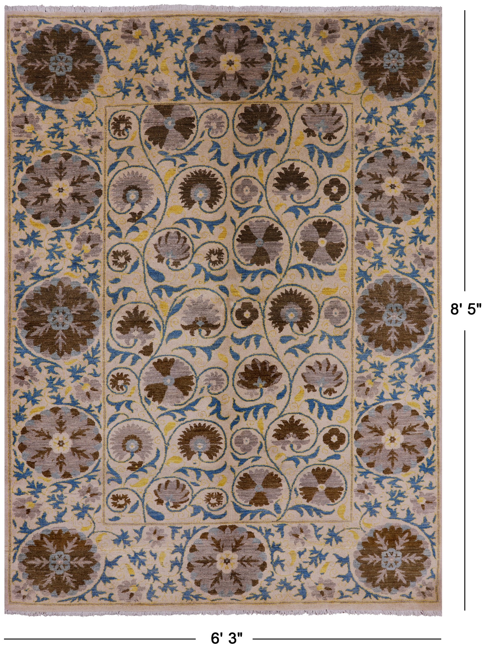 Ivory William Morris Hand Knotted Wool Rug - 6' 3" X 8' 5" - Golden Nile