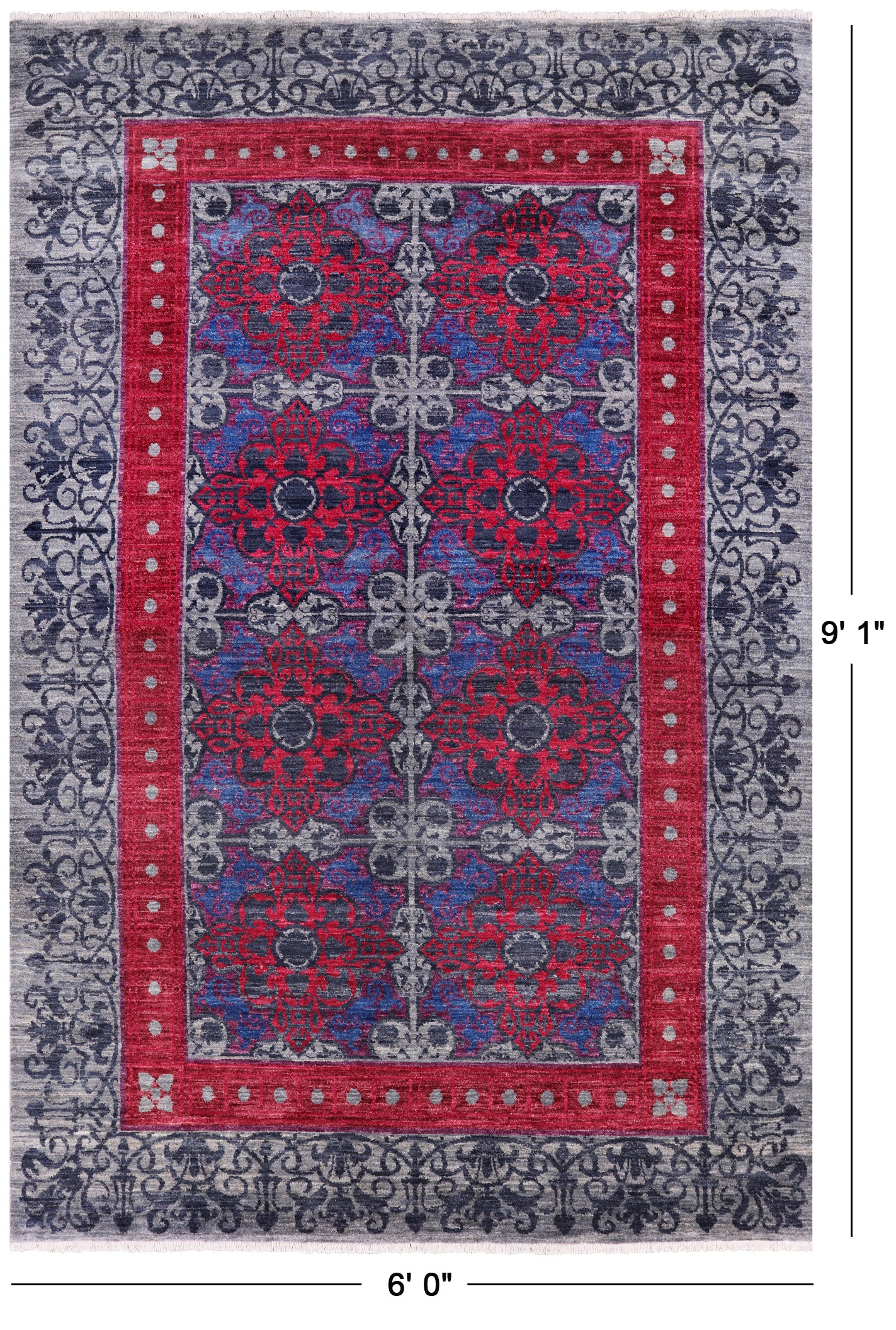 Grey William Morris Hand Knotted Wool Rug - 6' 0" X 9' 1" - Golden Nile