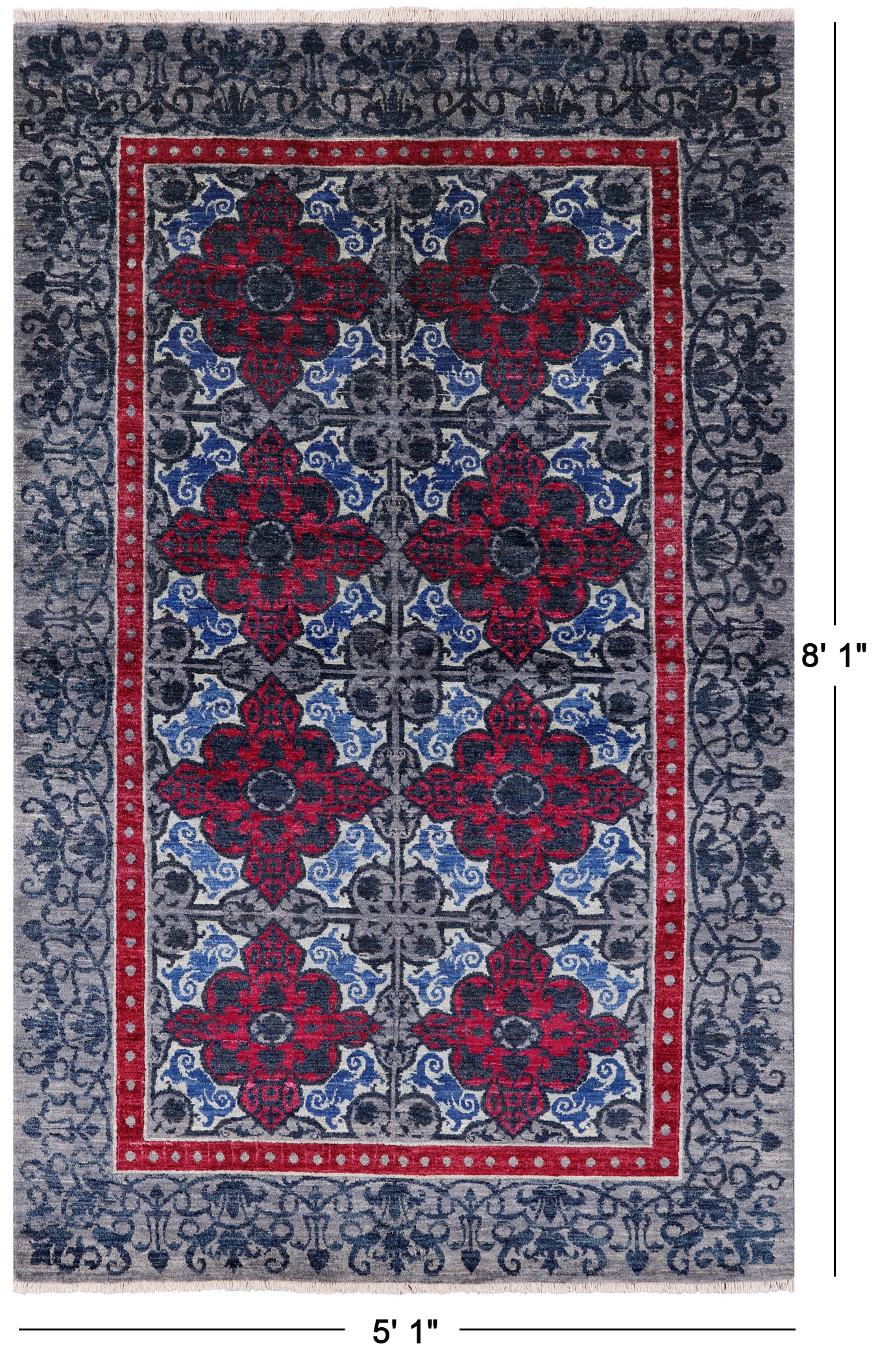 Grey William Morris Handmade Wool Rug - 5' 1" X 8' 1" - Golden Nile