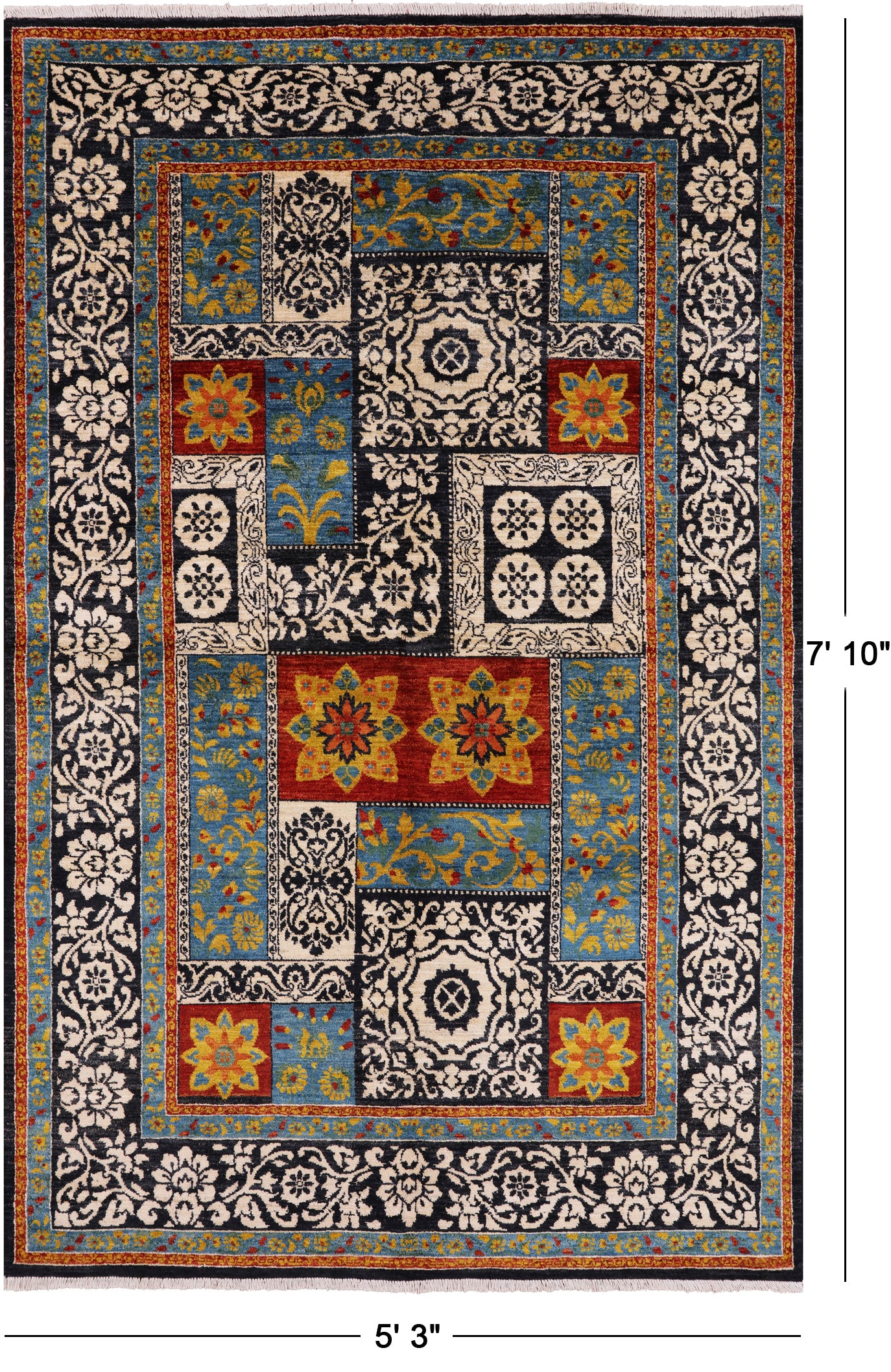Black William Morris Handmade Wool Area Rug - 5' 3" X 7' 10" - Golden Nile