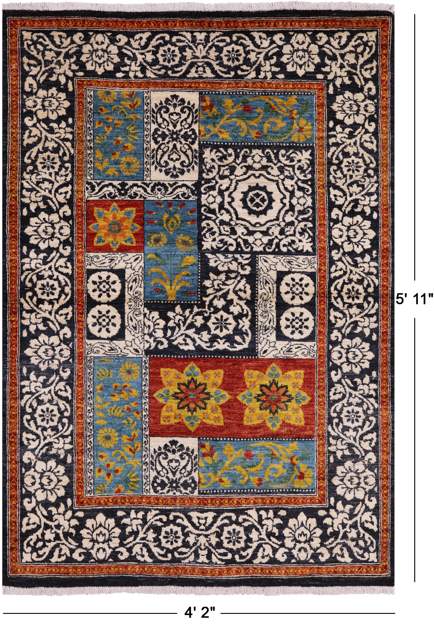 Black William Morris Hand Knotted Wool Area Rug - 4' 2" X 5' 11" - Golden Nile