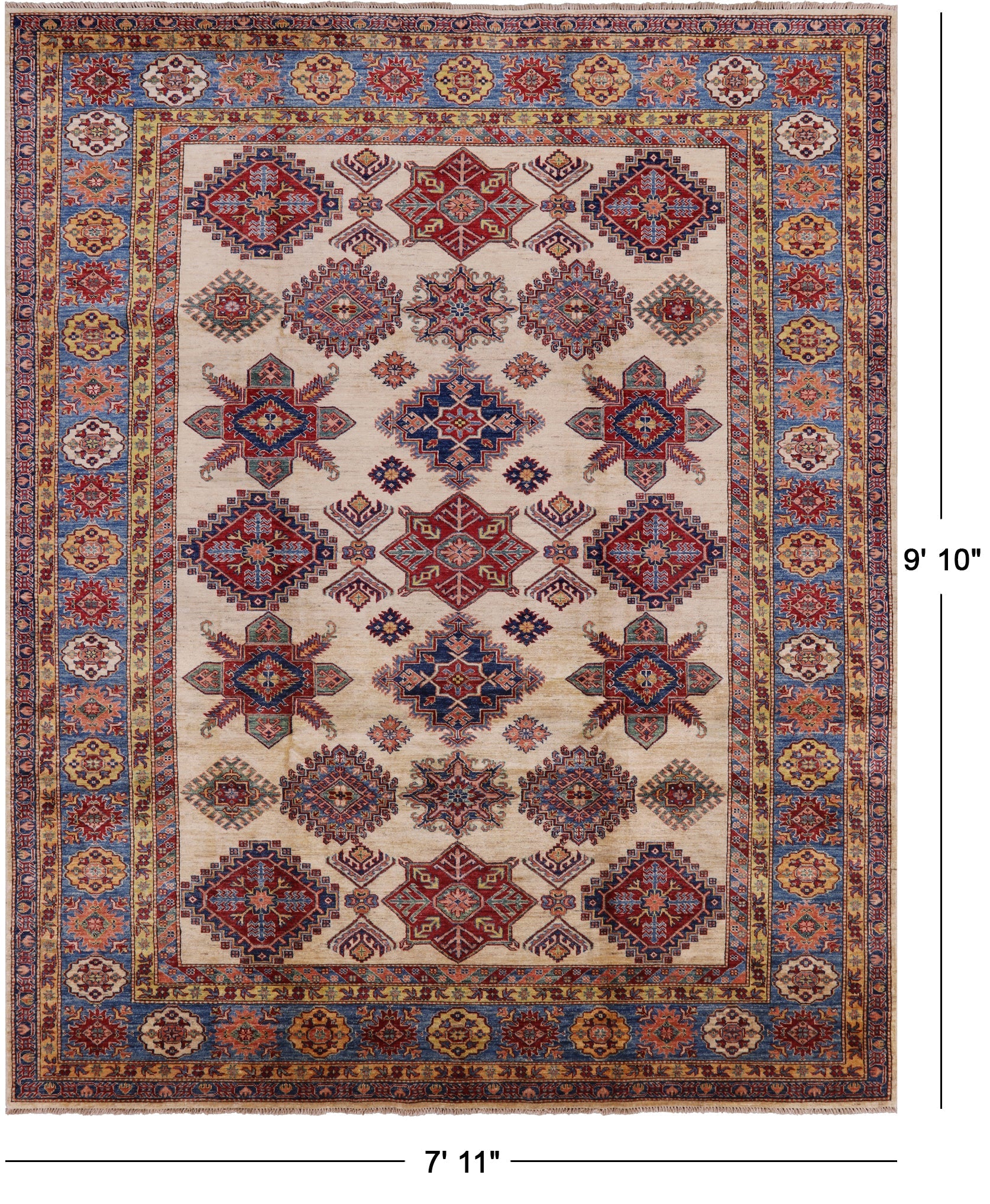 Ivory Super Fine Kazak Handmade Wool Rug - 7' 11" X 9' 10" - Golden Nile