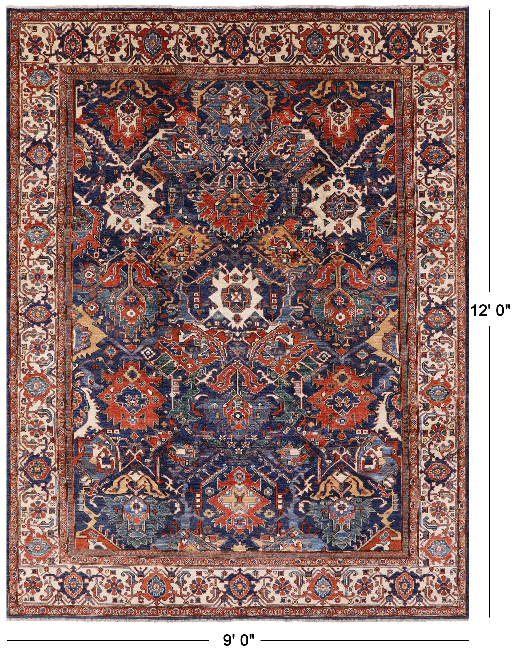 Blue Fine Serapi Hand Knotted Wool Rug - 9' 0" X 12' 0" - Golden Nile