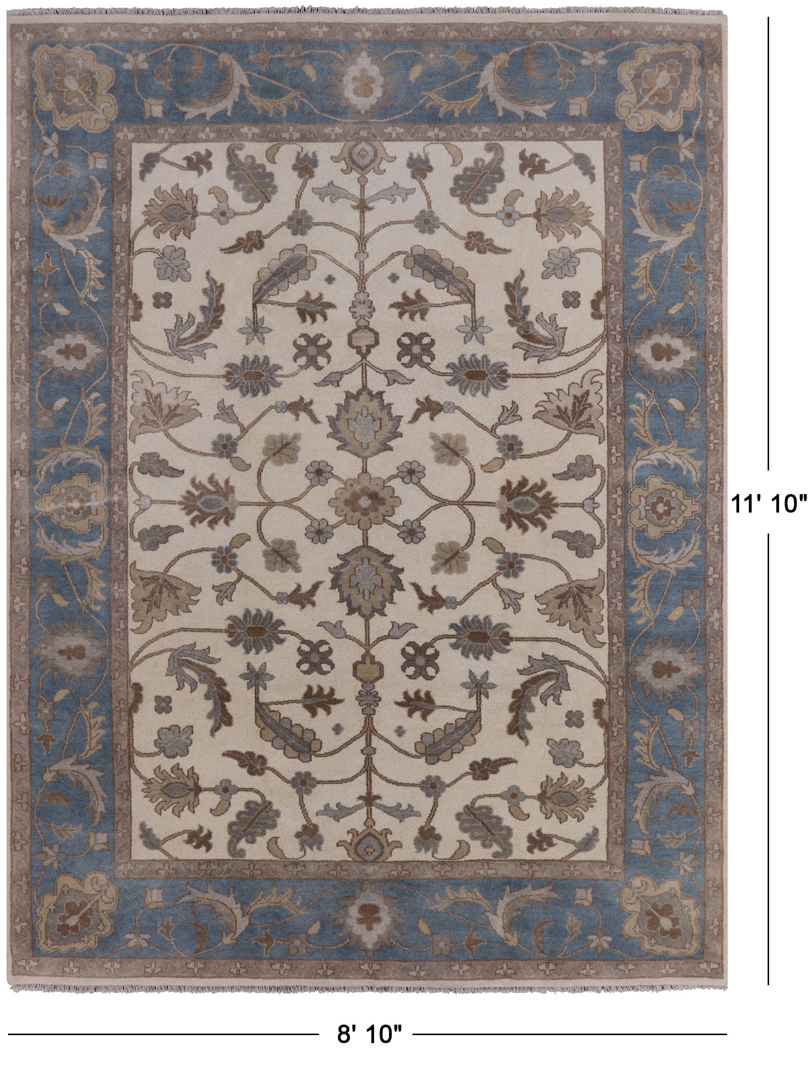 Ivory Turkish Oushak Hand Knotted Area Rug - 8' 10" X 11' 10" - Golden Nile