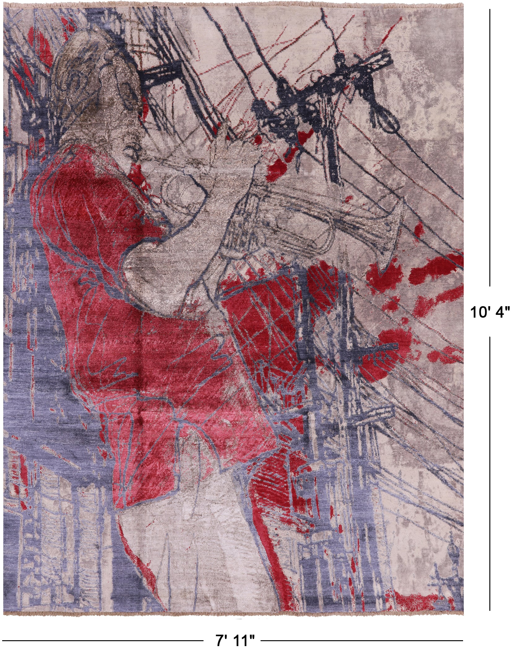 Trumpet Player Design Modern Hand Knotted Wool & Silk Rug - 7' 11" X 10' 4" - Golden Nile