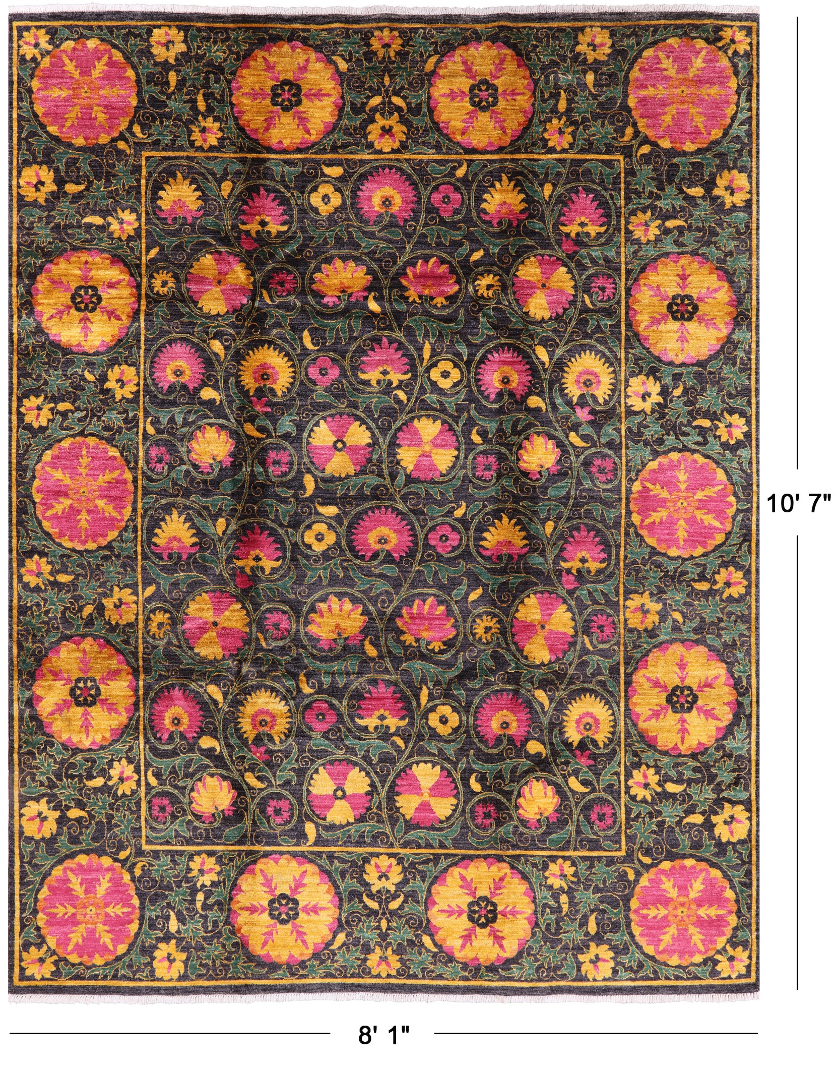 Black William Morris Hand Knotted Wool Area Rug - 8' 1" X 10' 7" - Golden Nile