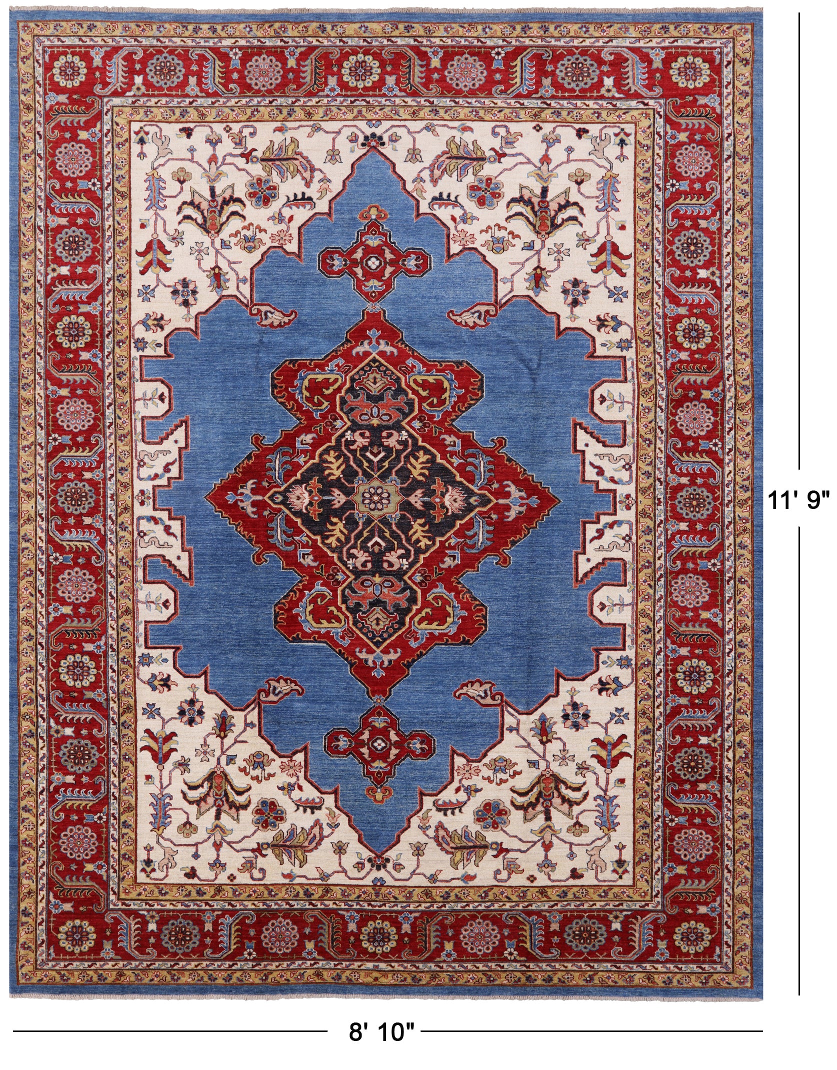 Blue Fine Serapi Hand Knotted Wool Rug - 8' 10" X 11' 9" - Golden Nile