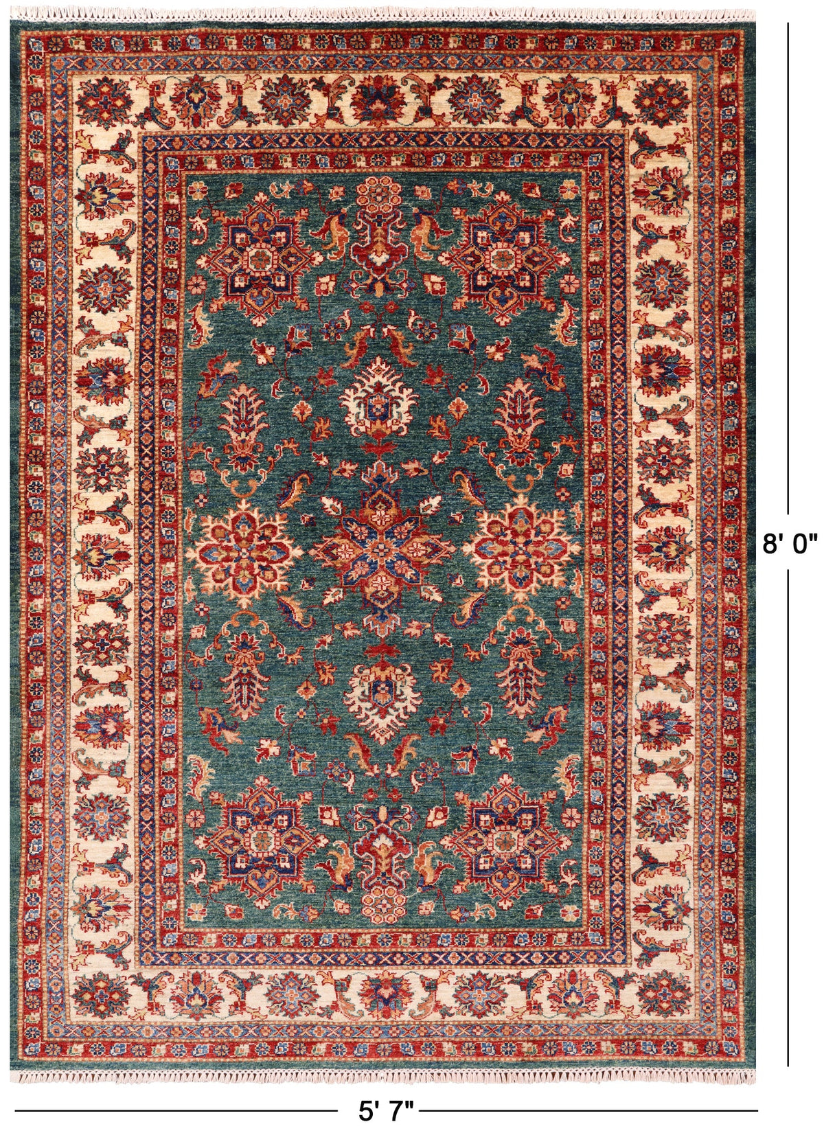 Green Super Kazak Hand Knotted Wool Area Rug - 5' 7" X 8' 0" - Golden Nile