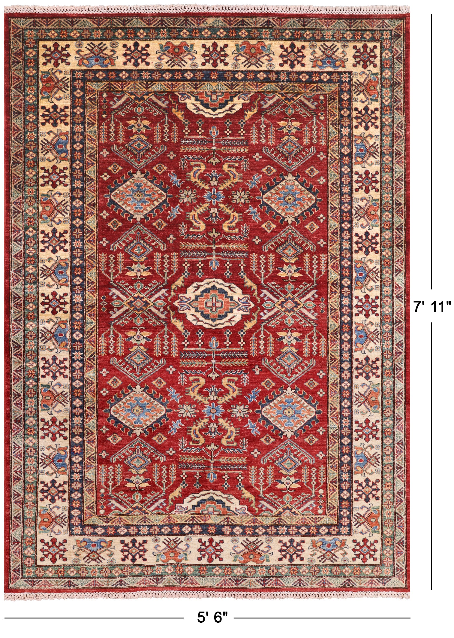 Red Super Kazak Hand Knotted Area Rug - 5' 6" X 7' 11" - Golden Nile