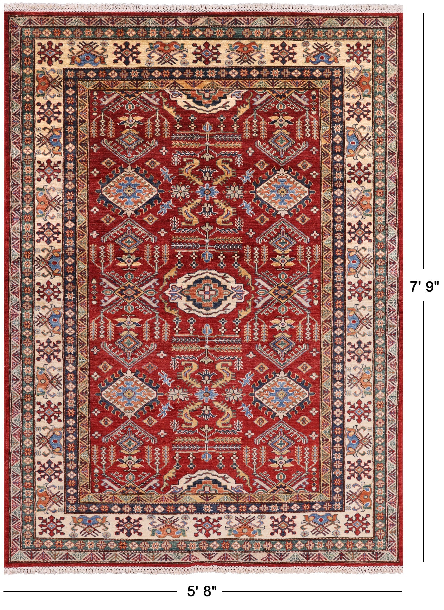 Red Super Kazak Hand Knotted Area Rug - 5' 8" X 7' 9" - Golden Nile