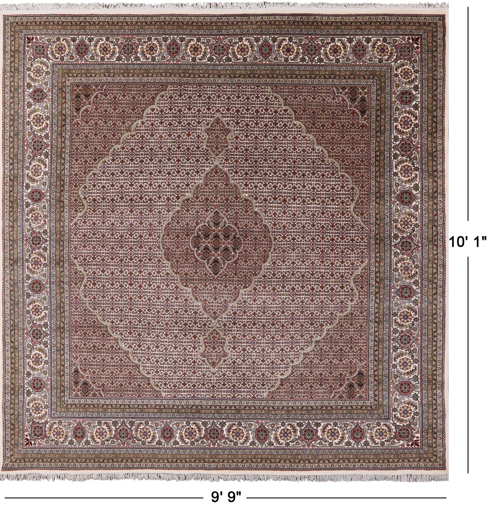 Ivory Square Bijar Hand Knotted Wool & Silk Rug - 9' 9" X 10' 1" - Golden Nile