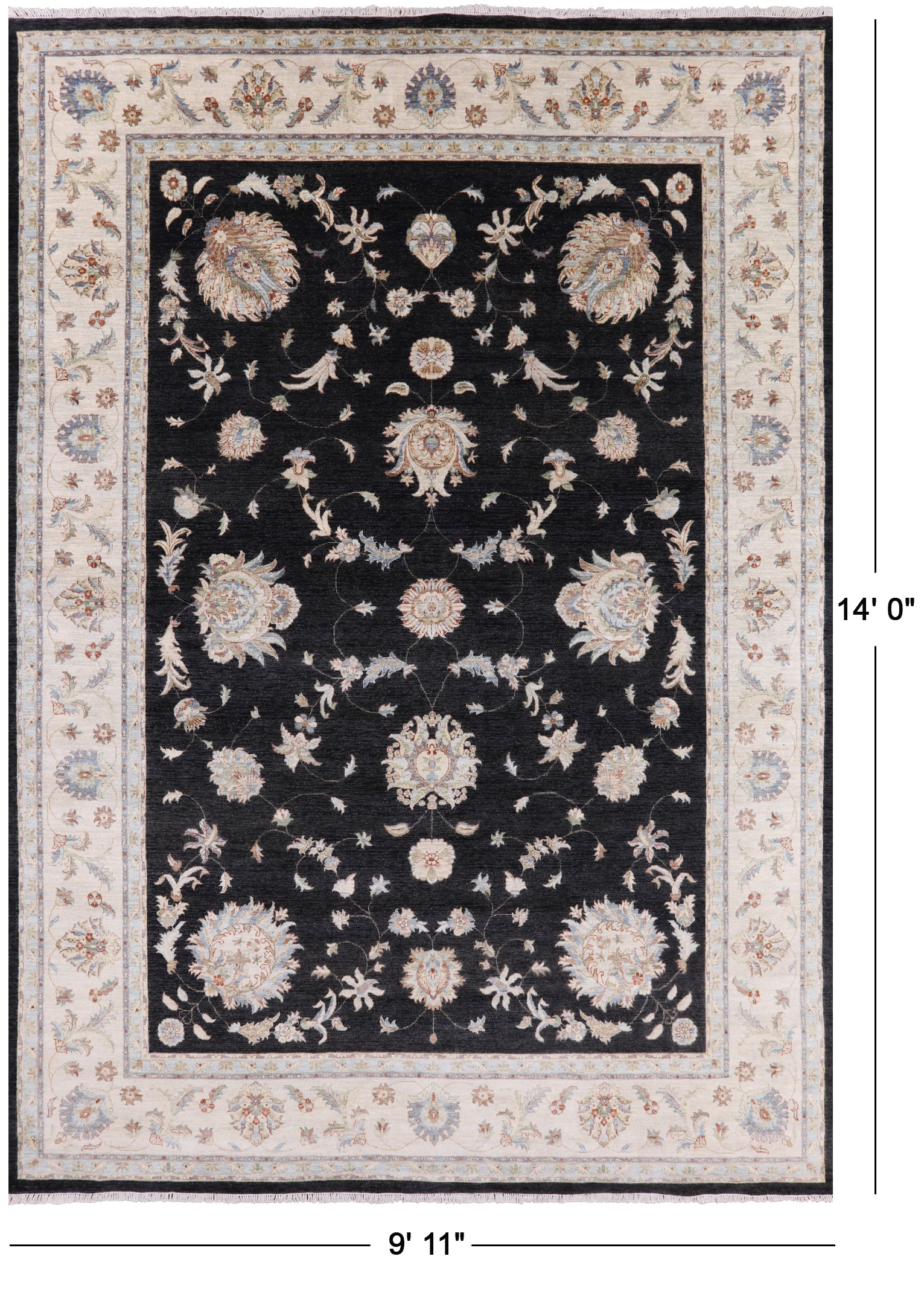 Black Peshawar Hand Knotted Wool Area Rug - 9' 11" X 14' 0" - Golden Nile