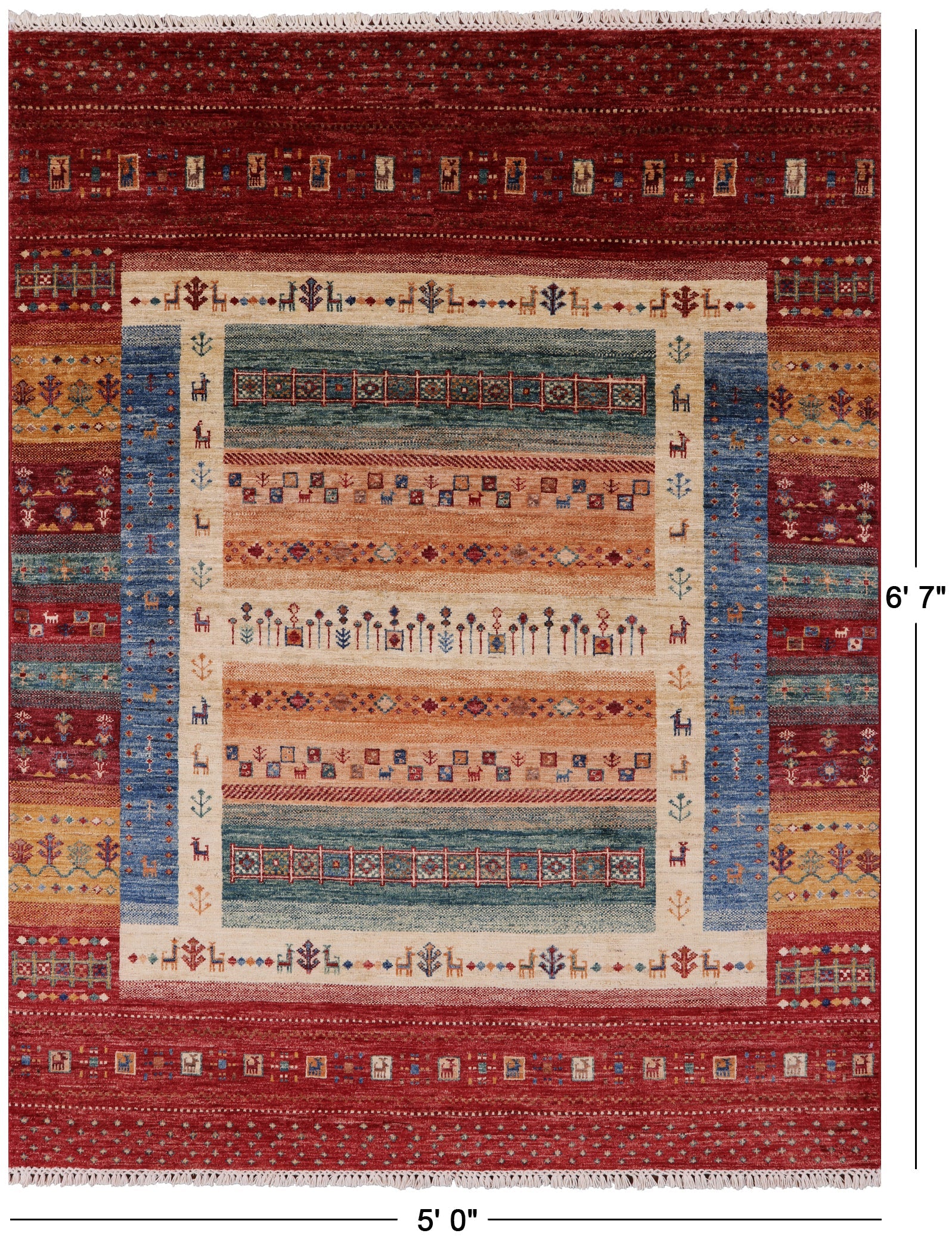 Tribal Gabbeh Hand Knotted Wool Rug - 5' 0" X 6' 7" - Golden Nile