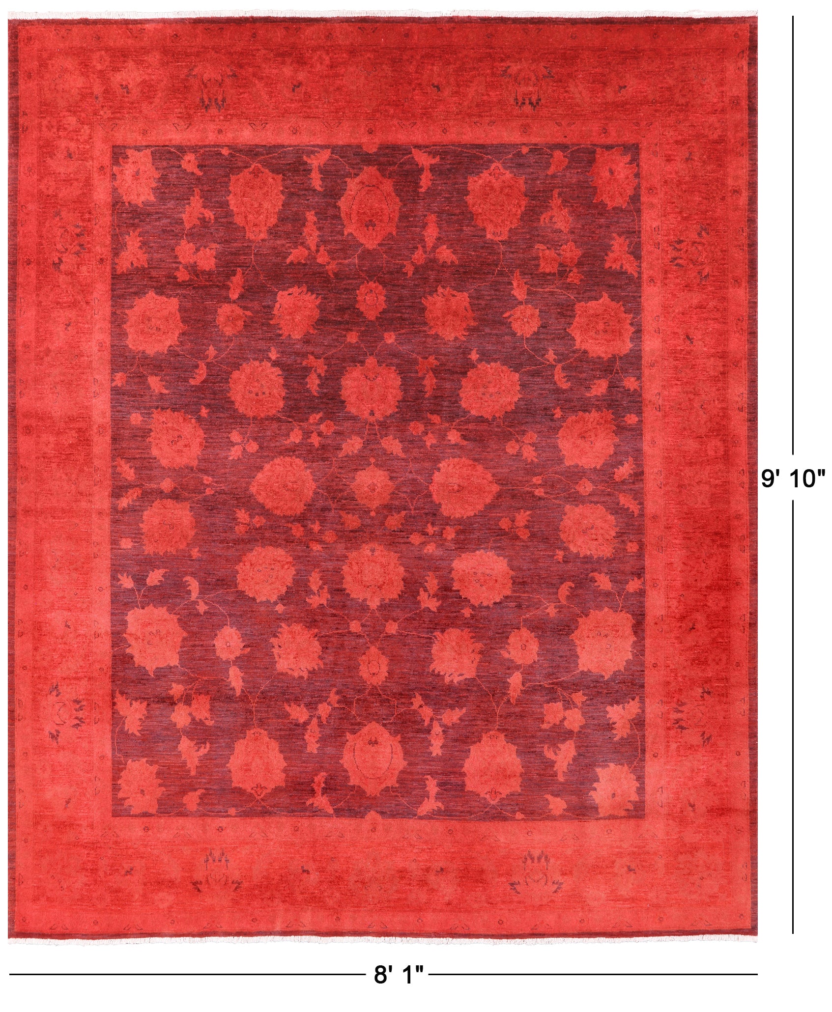 Red Full Pile Overdyed Hand Knotted Wool Area Rug - 8' 1" X 9' 10" - Golden Nile
