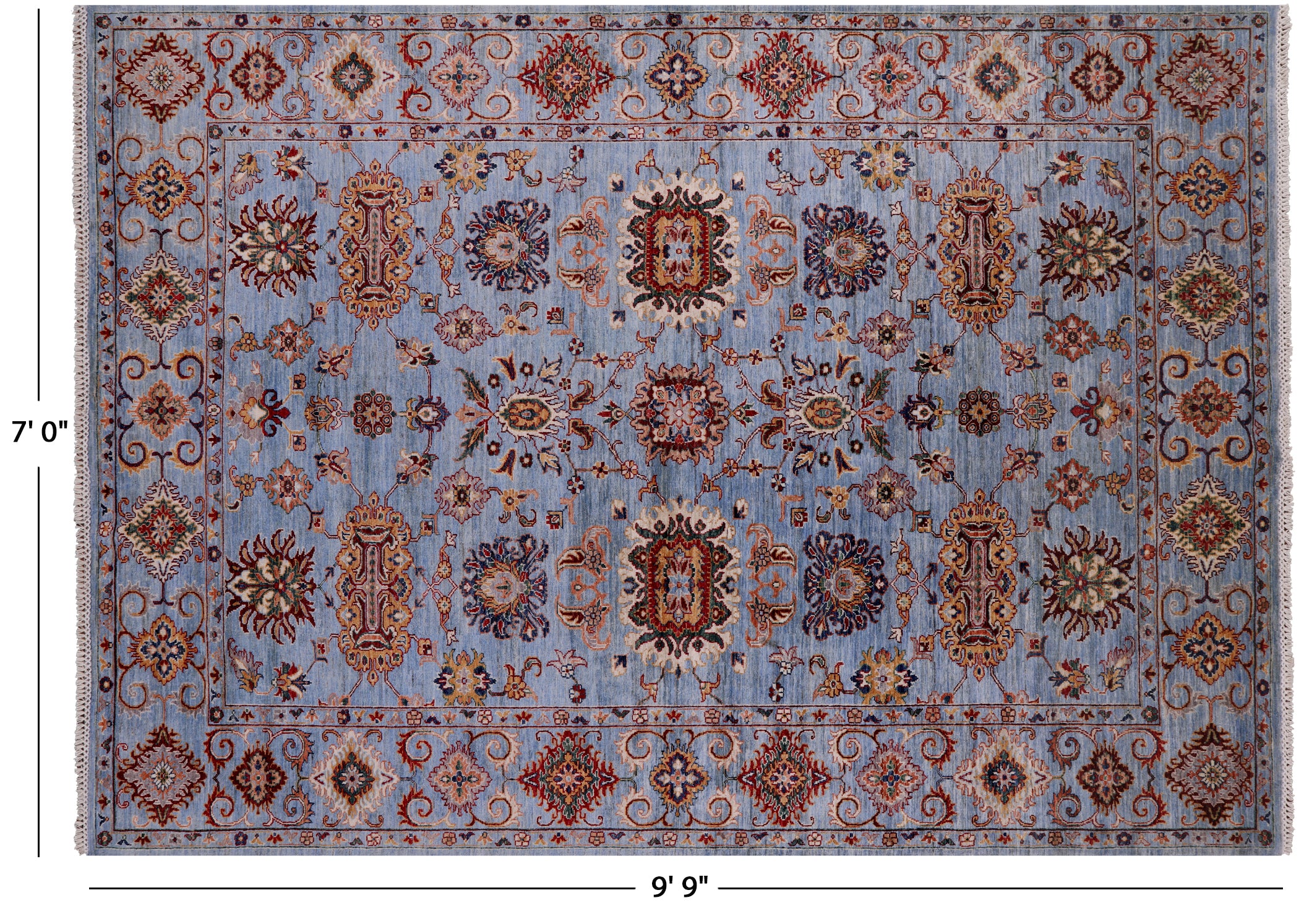 Blue Peshawar Handmade Wool Rug - 7' 0" X 9' 9" - Golden Nile