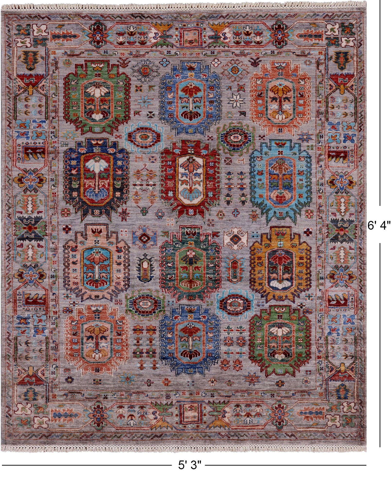 Grey Turkmen Ersari Handmade Wool Rug - 5' 3" X 6' 4" - Golden Nile