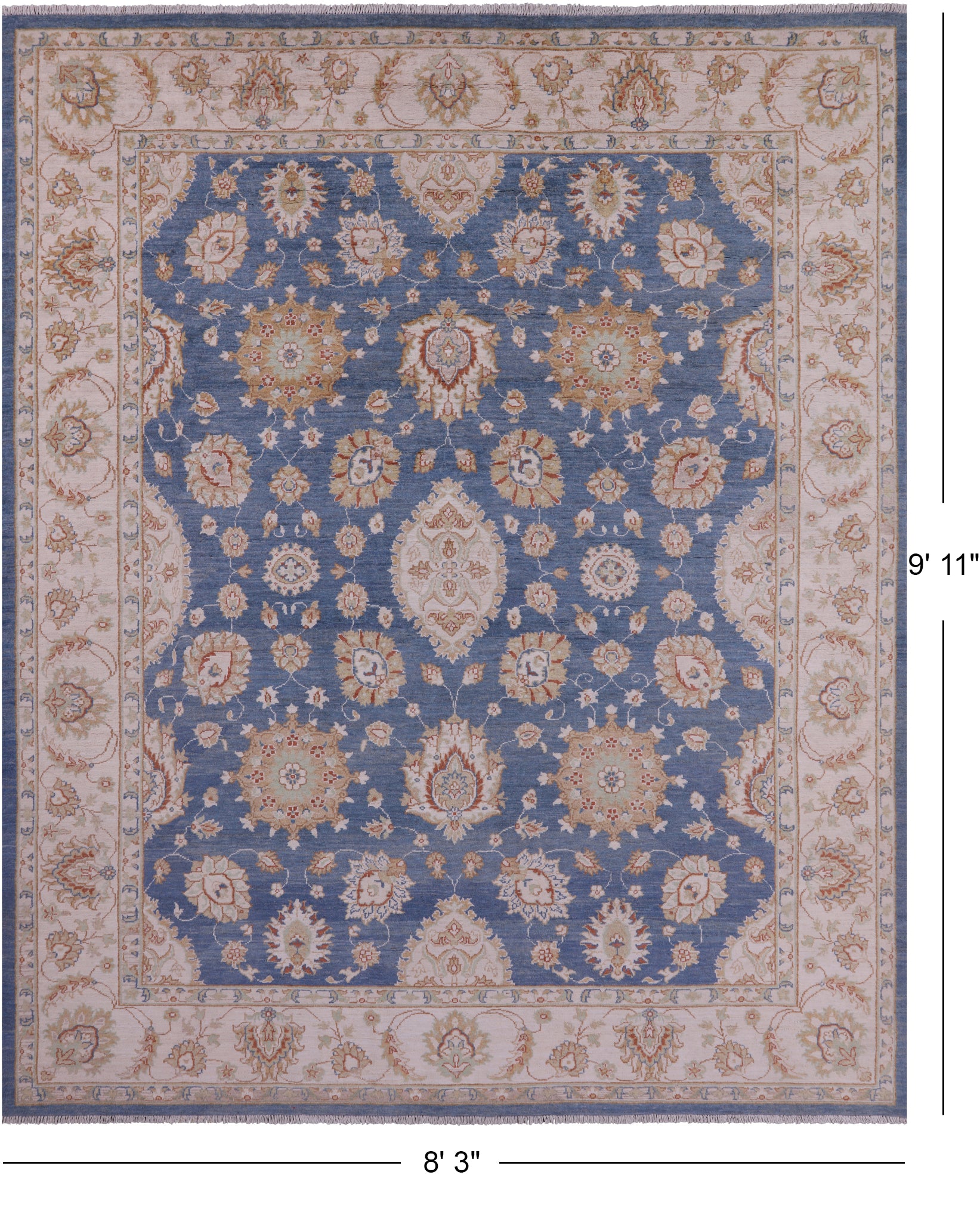 Blue Peshawar Hand Knotted Wool Rug - 8' 3" X 9' 11" - Golden Nile
