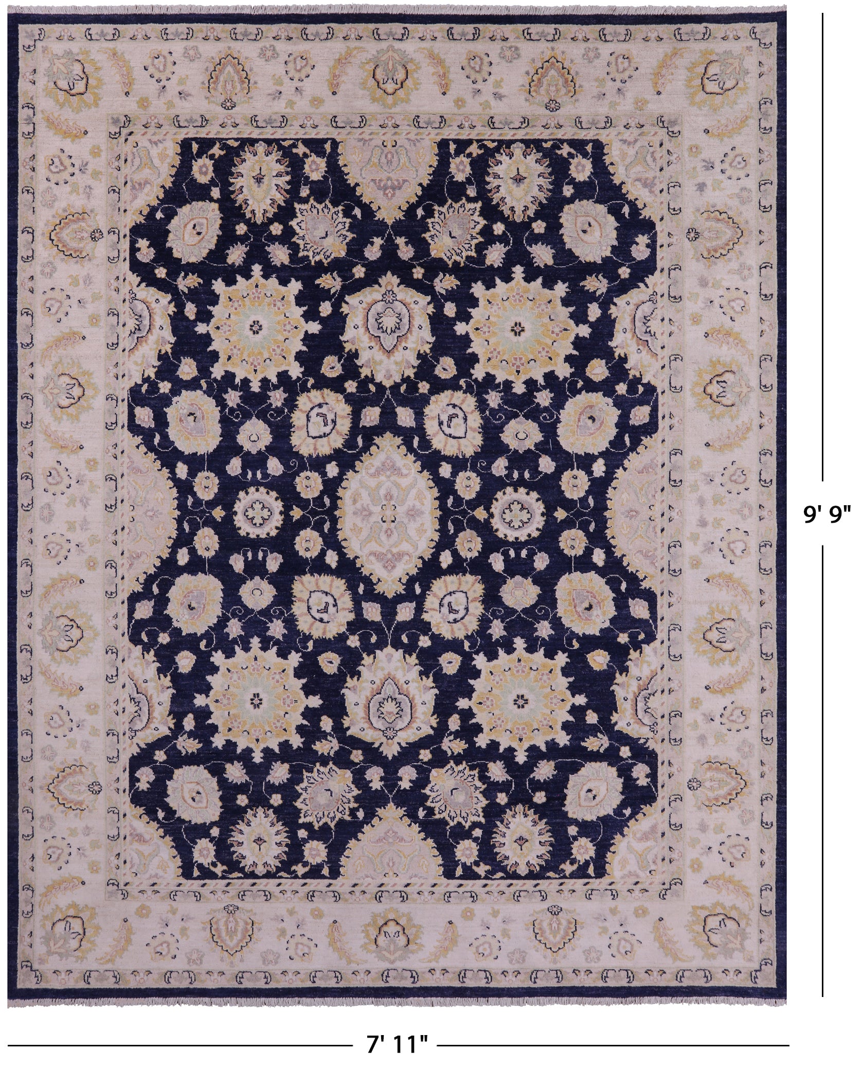 Blue Peshawar Hand Knotted Wool Rug - 7' 11" X 9' 9" - Golden Nile