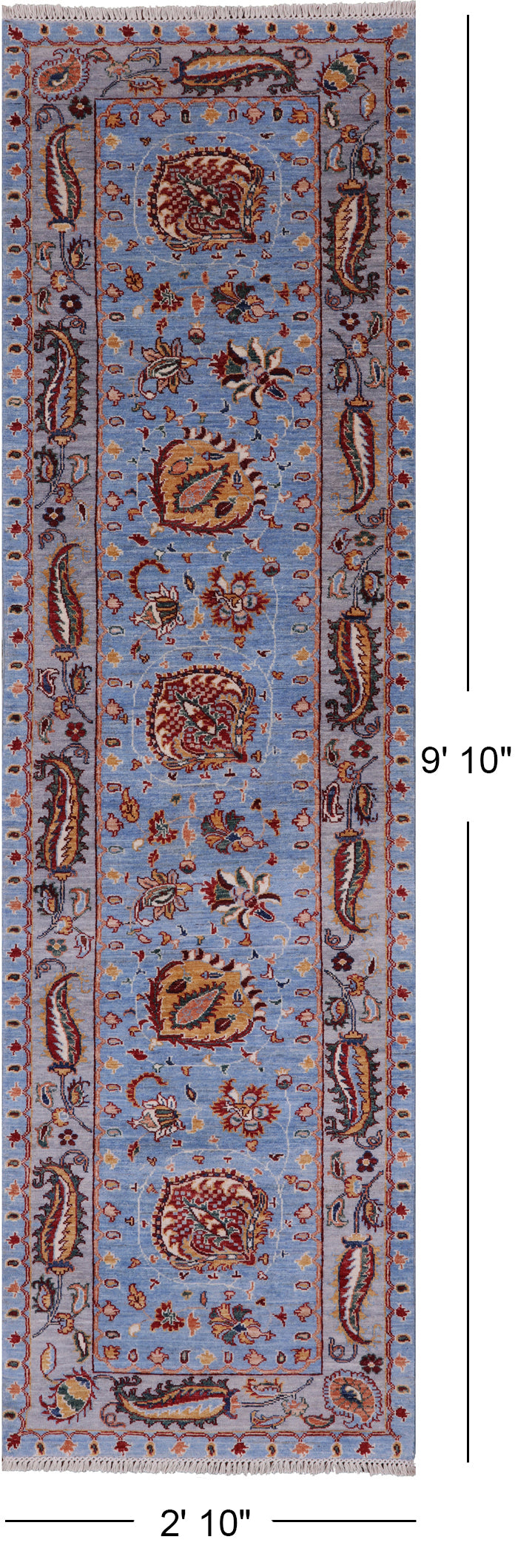 Blue Peshawar Hand Knotted Wool Runner Rug - 2' 10" X 9' 10" - Golden Nile