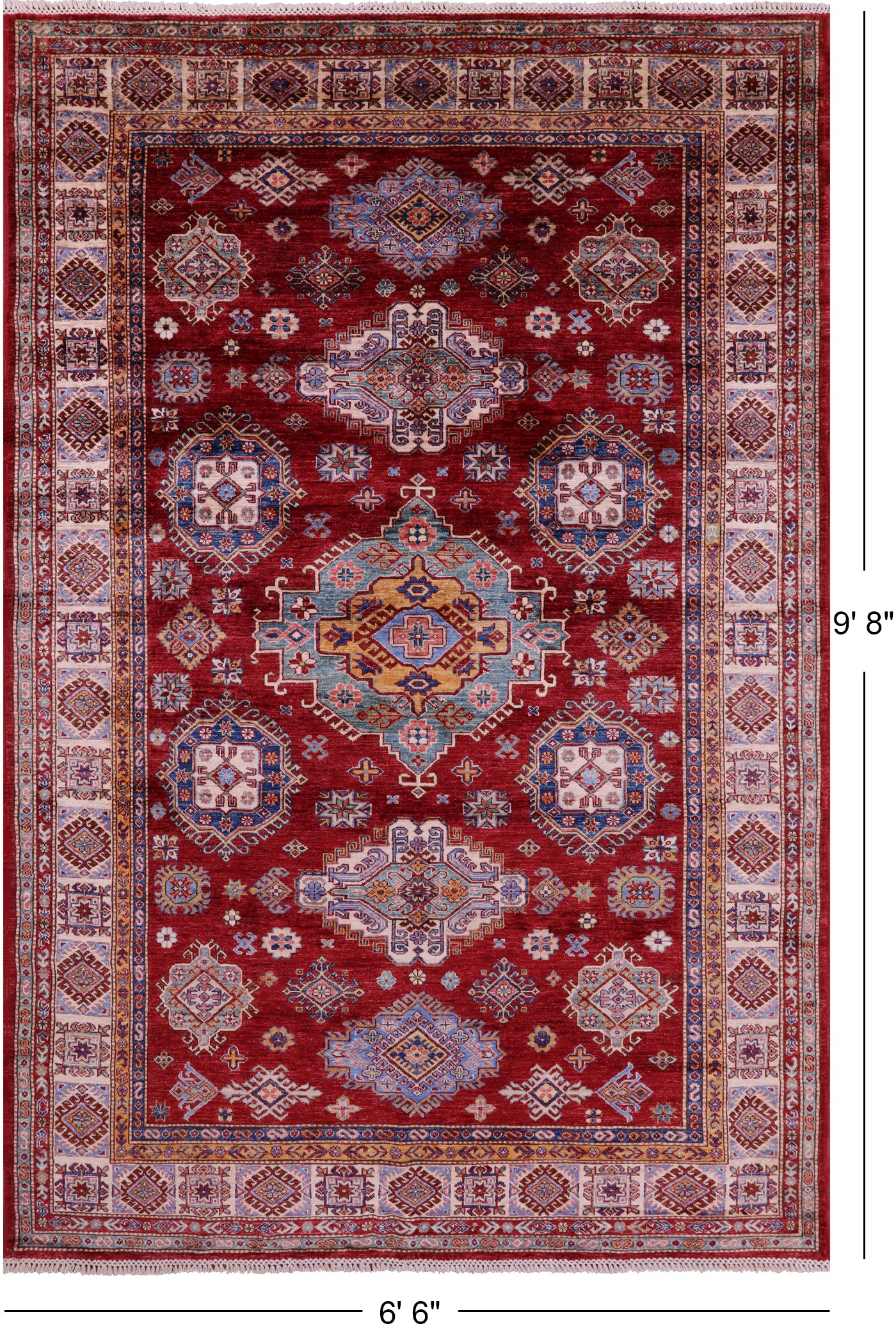 Red Super Kazak Hand Knotted Wool Rug - 6' 6" X 9' 8" - Golden Nile