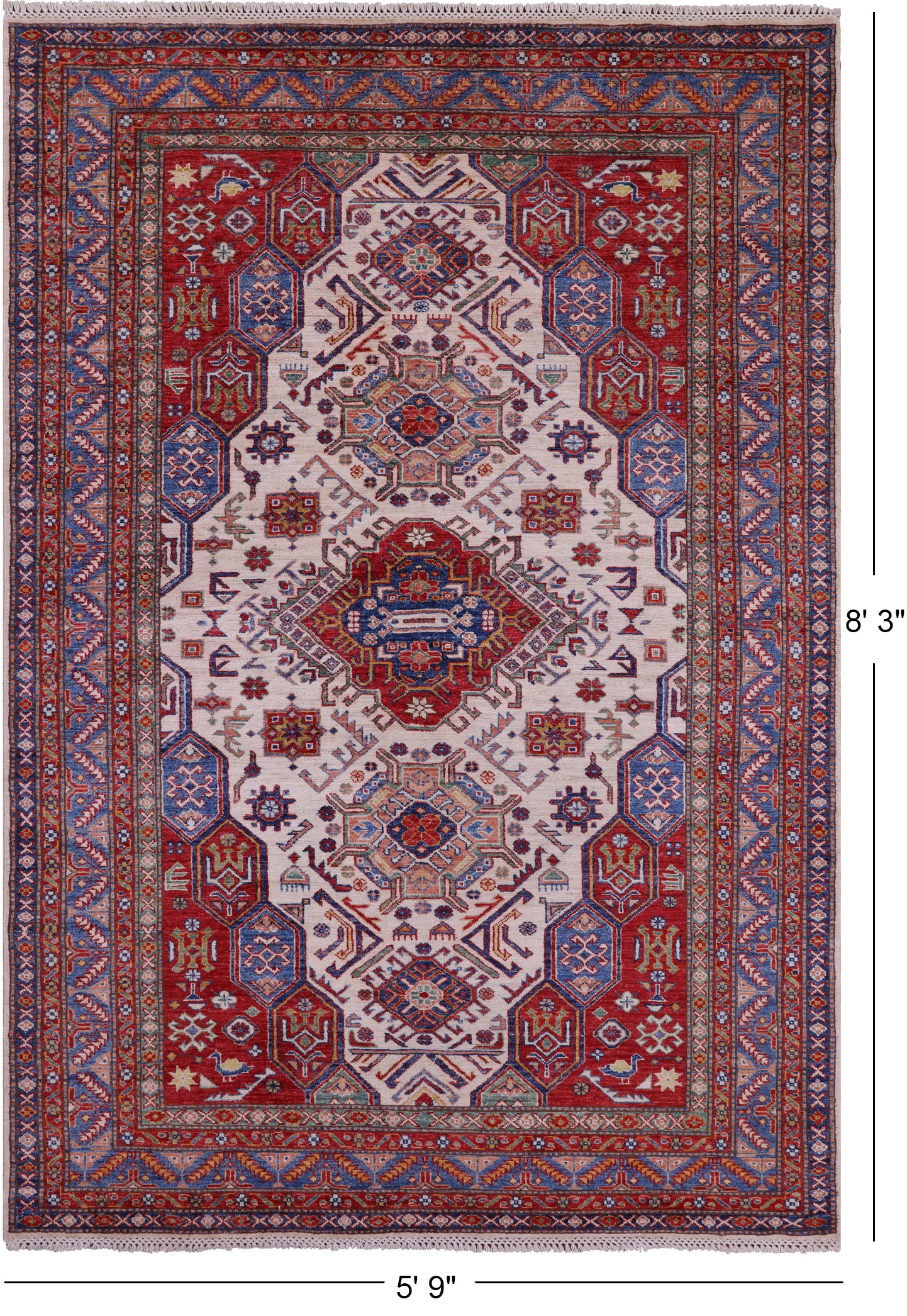 Ivory Super Kazak Handmade Wool Rug - 5' 9" X 8' 3" - Golden Nile