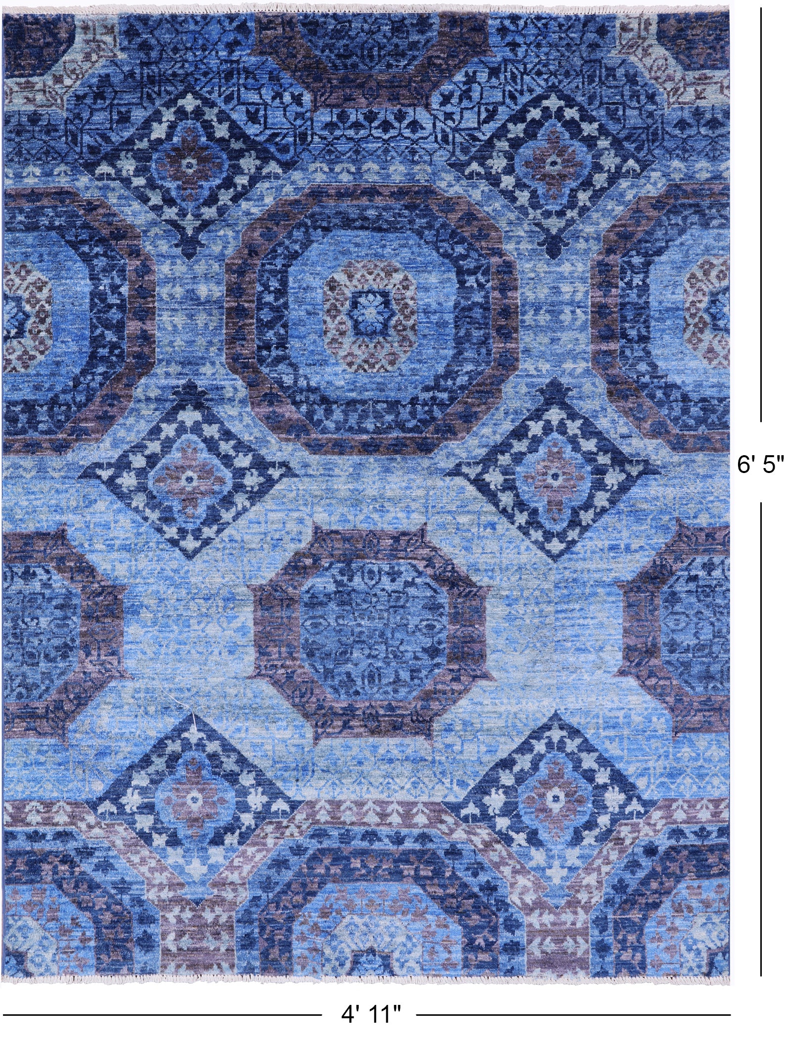 Blue Geometric Persian Mamluk Hand Knotted Wool Rug - 4' 11" X 6' 5" - Golden Nile