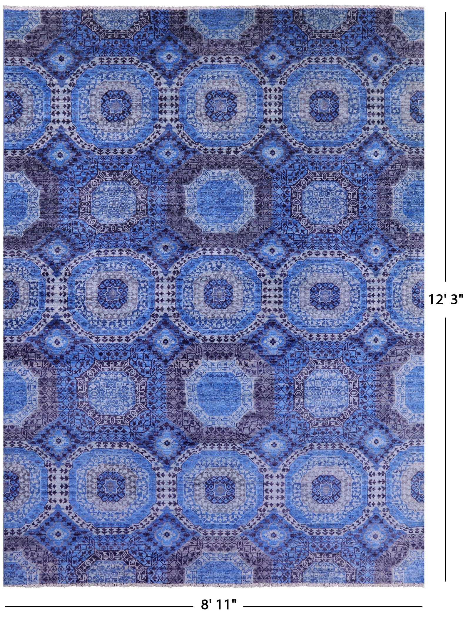 Blue Geometric Persian Mamluk Handmade Wool Rug - 8' 11" X 12' 3" - Golden Nile