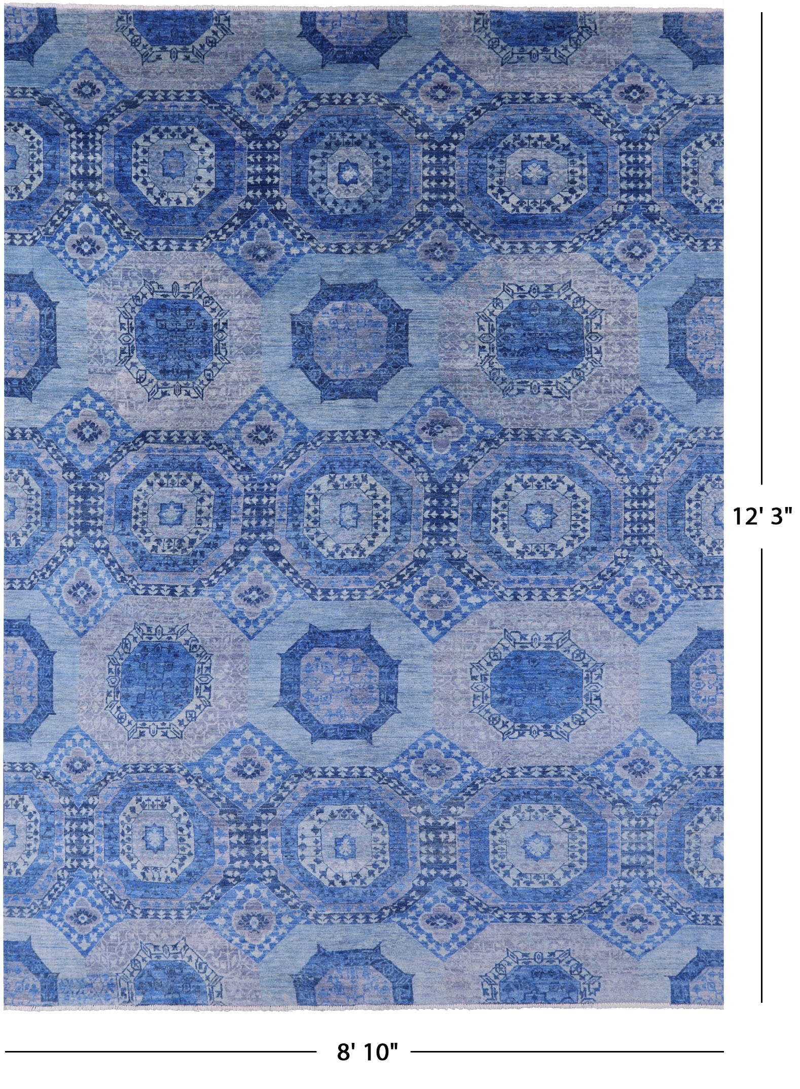 Blue Geometric Persian Mamluk Hand Knotted Wool Rug - 8' 10" X 12' 3" - Golden Nile