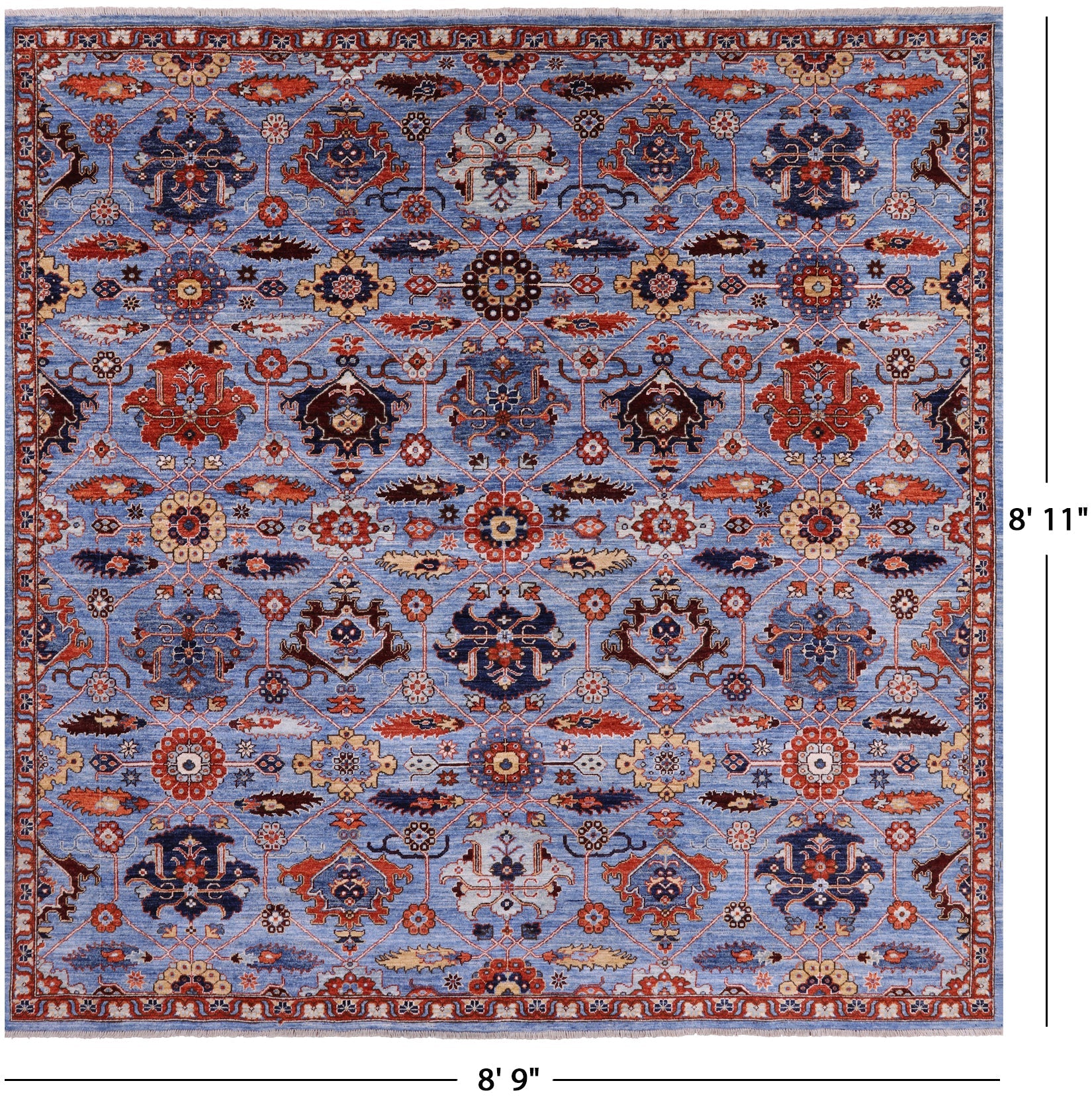 Blue Square Persian Fine Serapi Hand Knotted Wool Rug - 8' 9" X 8' 11" - Golden Nile