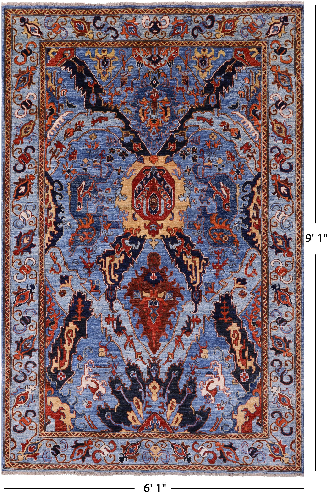 Blue Persian Fine Serapi Hand Knotted Wool Rug - 6' 1" X 9' 1" - Golden Nile