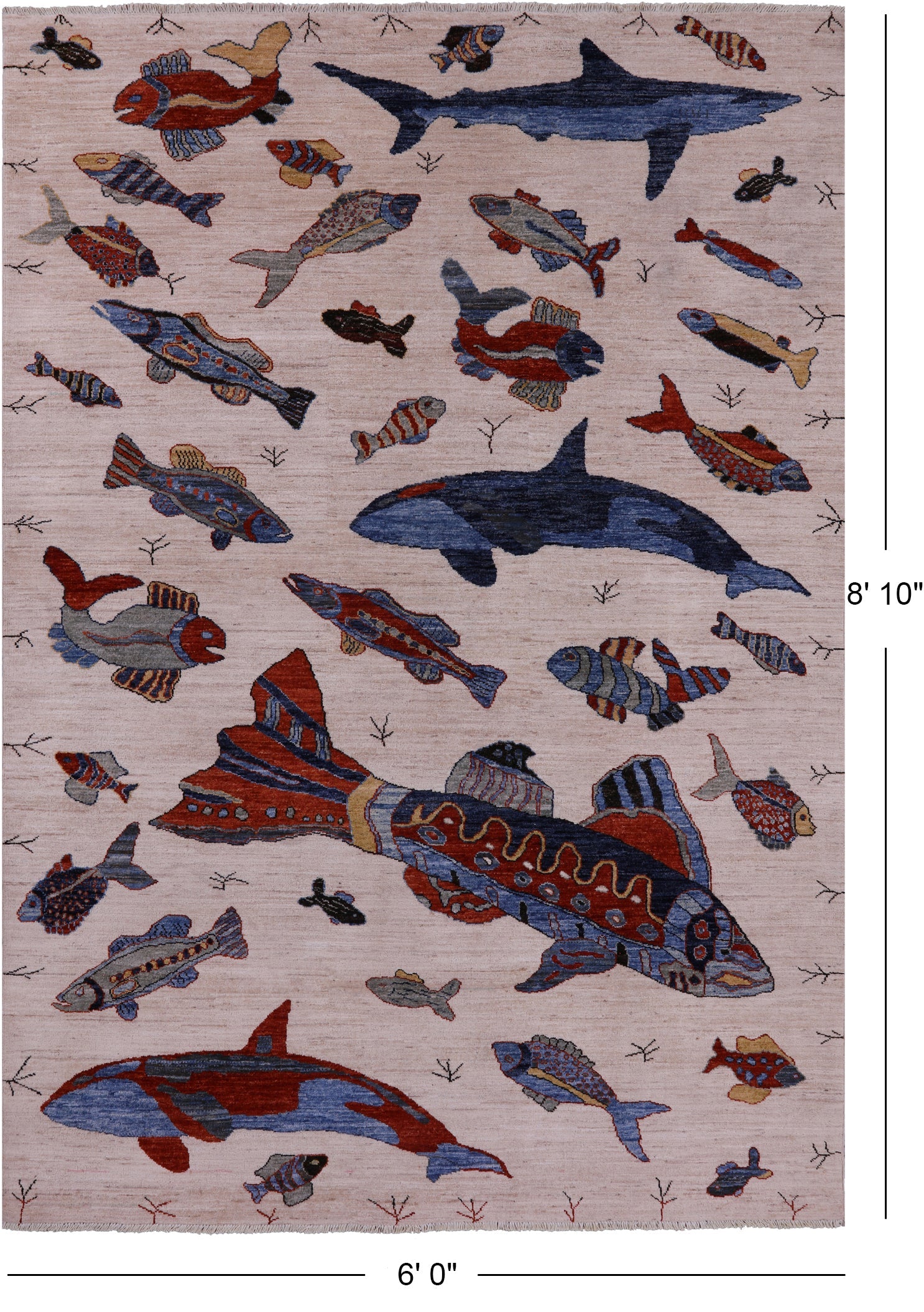 Ivory Fish Design Persian Gabbeh Hand Knotted Wool Rug - 6' 0" X 8' 10" - Golden Nile