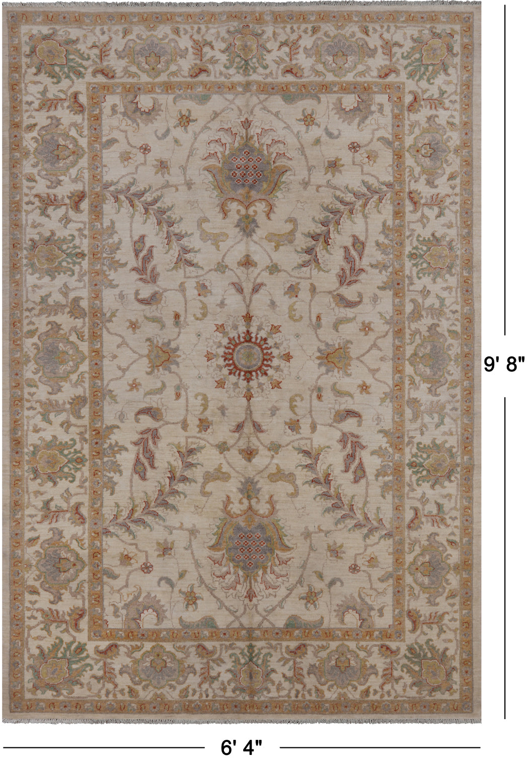 Ivory Peshawar Handmade Wool Rug - 6' 4" X 9' 8"