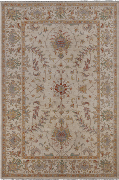 Ivory Peshawar Handmade Wool Rug - 6' 4" X 9' 8"