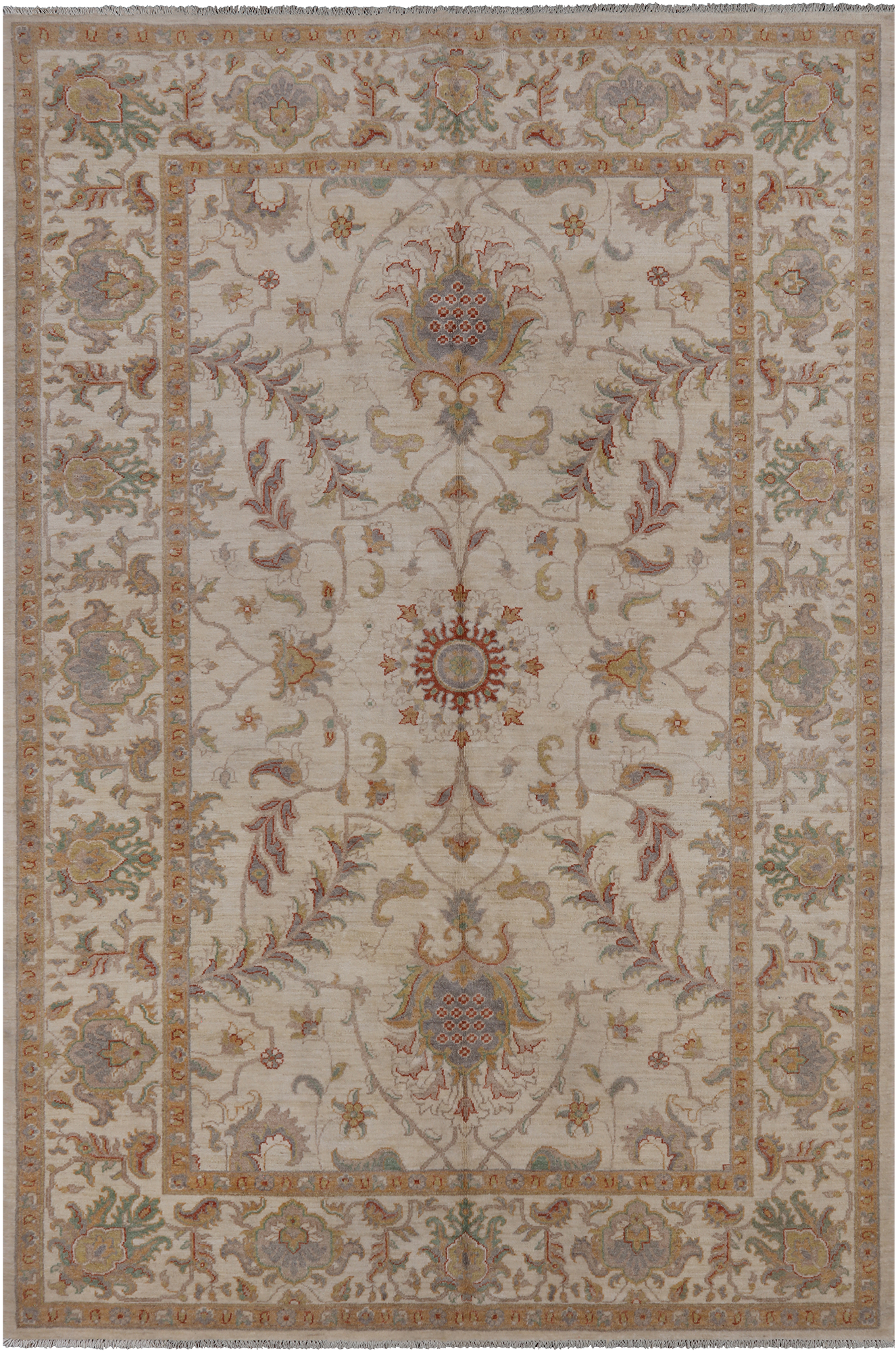Ivory Peshawar Handmade Wool Rug - 6' 4" X 9' 8"