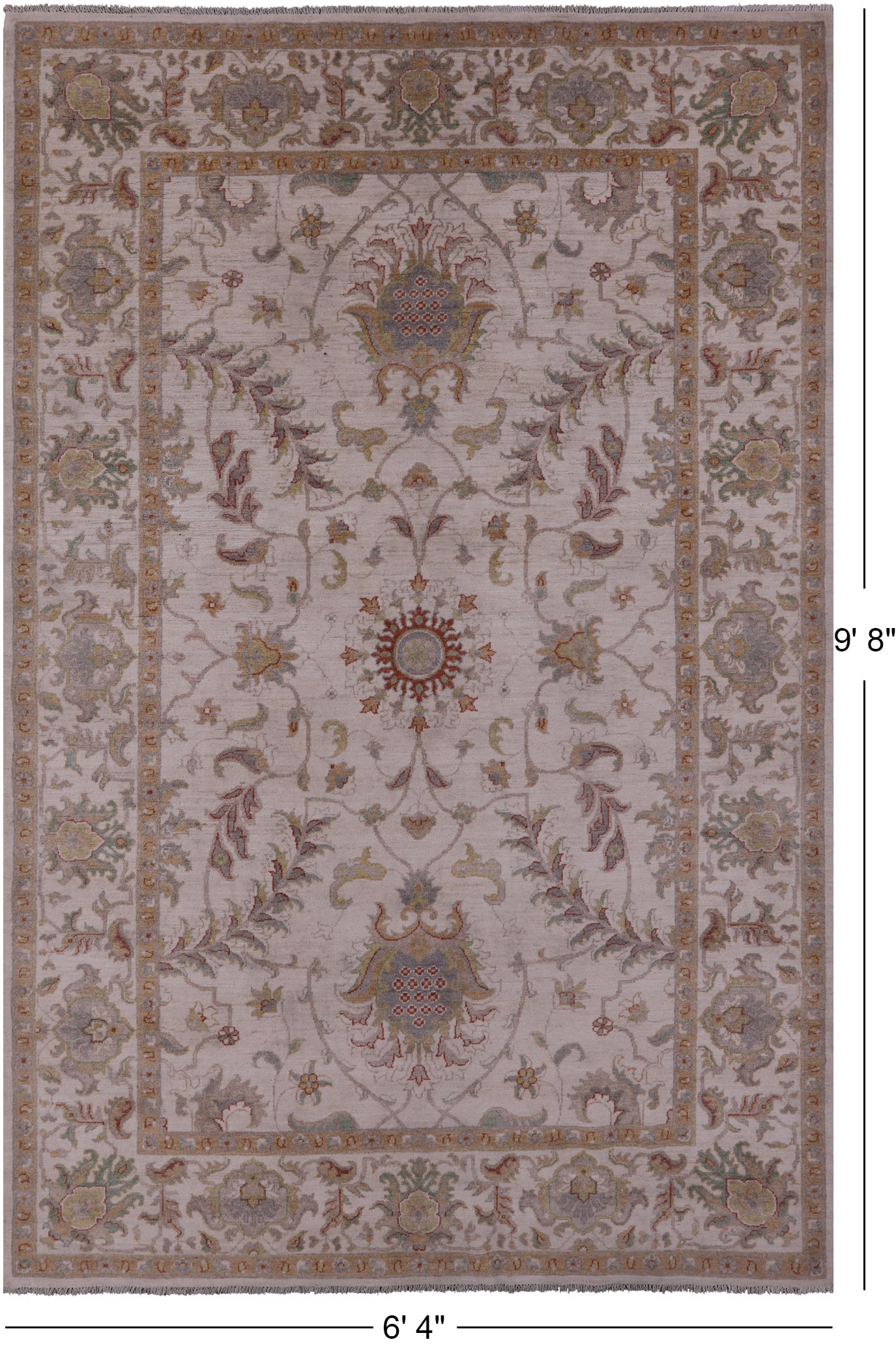 Ivory Peshawar Handmade Wool Rug - 6' 4" X 9' 8" - Golden Nile