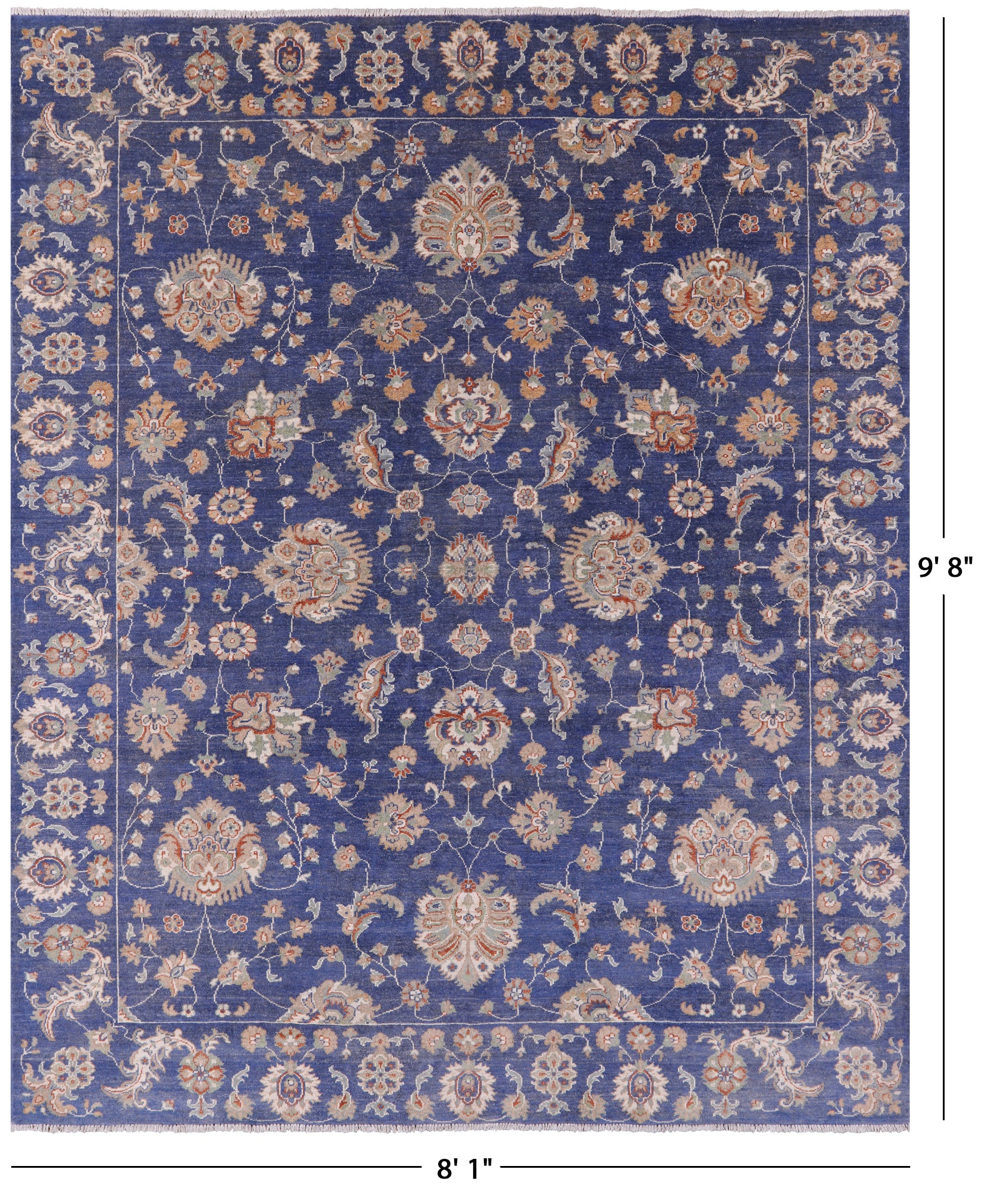 Blue Peshawar Hand Knotted Wool Rug - 8' 1" X 9' 8" - Golden Nile