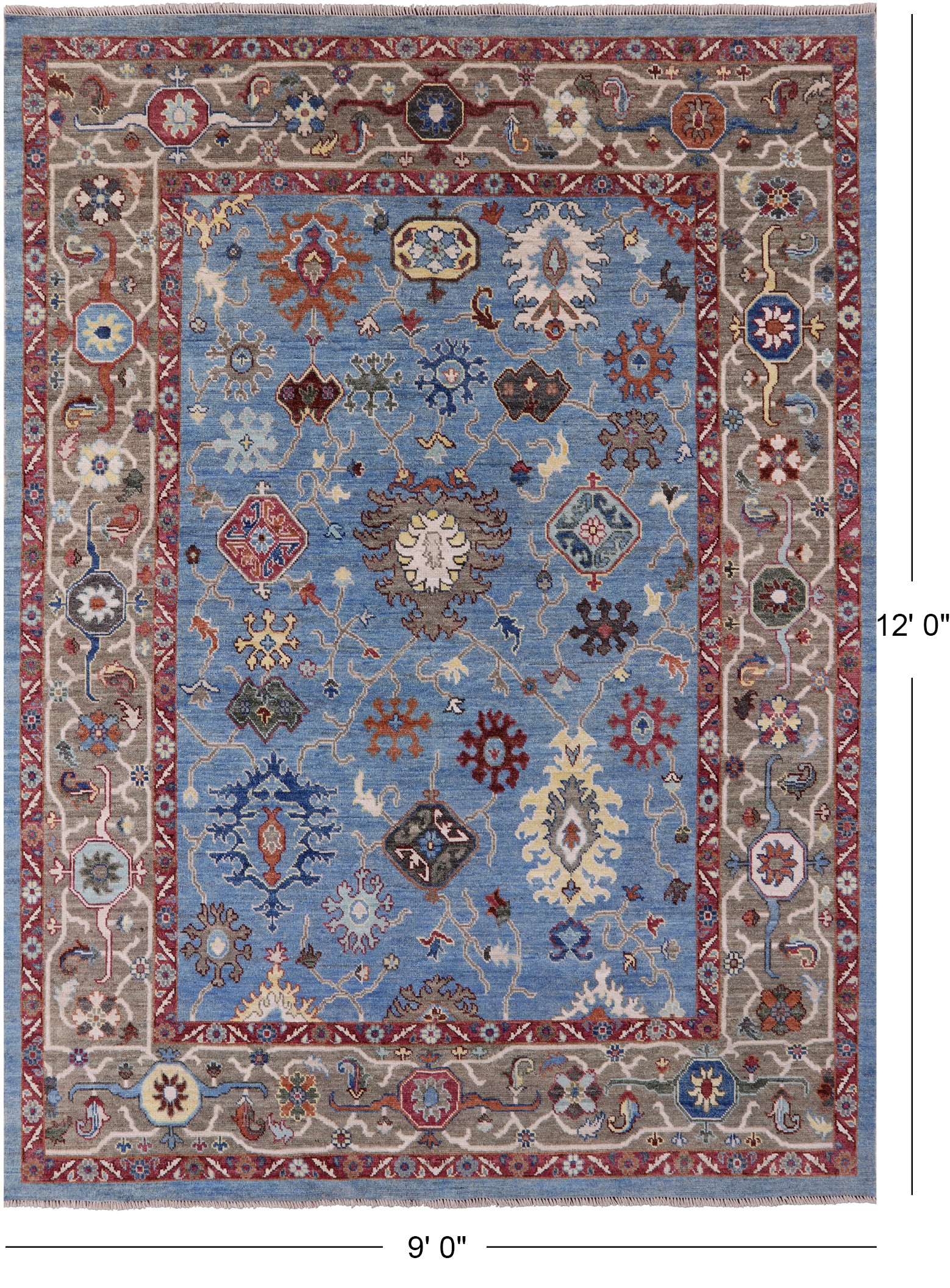 Blue Turkish Oushak Hand Knotted Wool On Wool Rug - 9' 0" X 12' 0" - Golden Nile