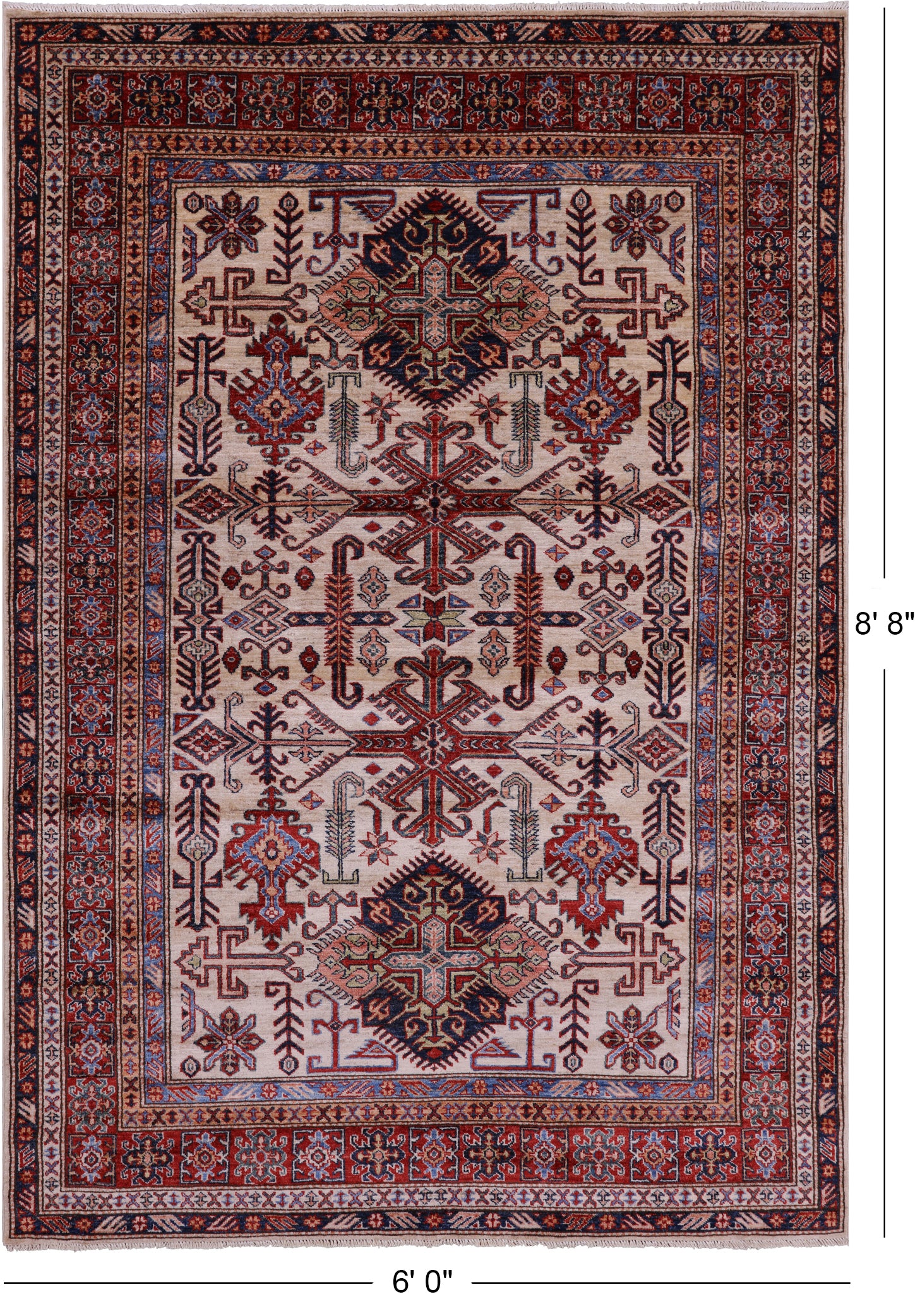 Ivory Super Kazak Hand Knotted Wool Rug - 6' 0" X 8' 8" - Golden Nile