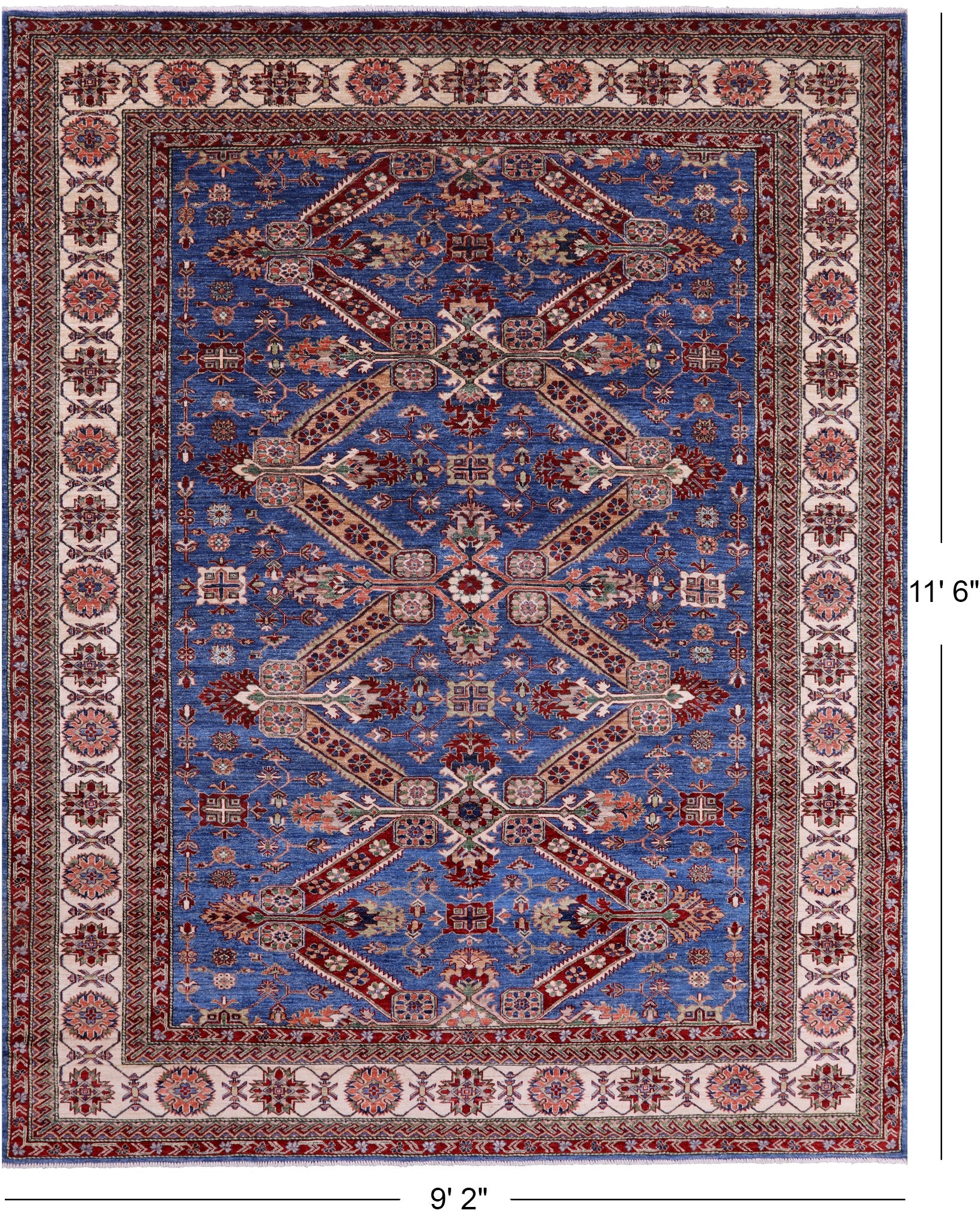 Blue Super Kazak Hand Knotted Wool Rug - 9' 2" X 11' 6" - Golden Nile