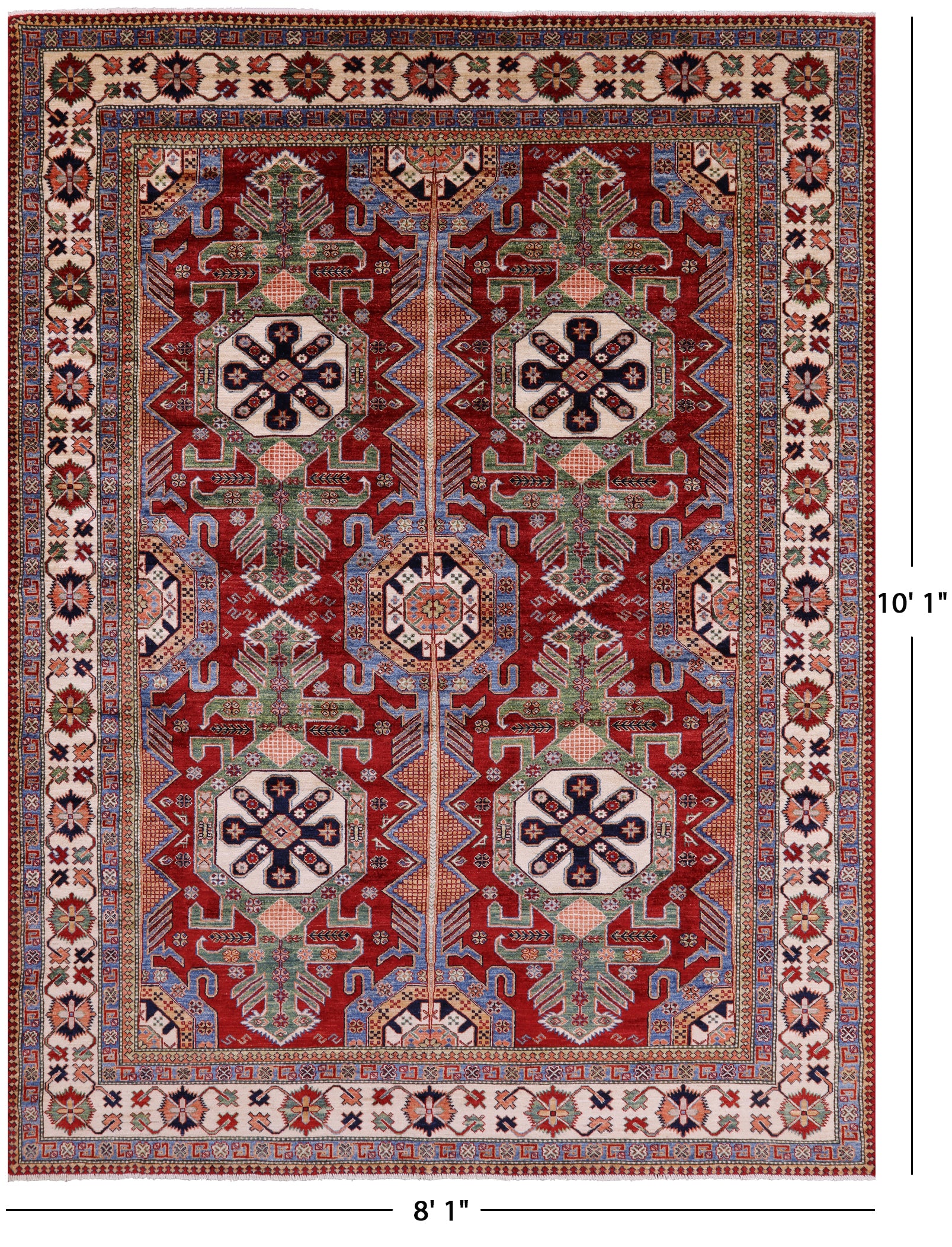 Red Super Kazak Hand Knotted Wool Rug - 8' 1" X 10' 1" - Golden Nile