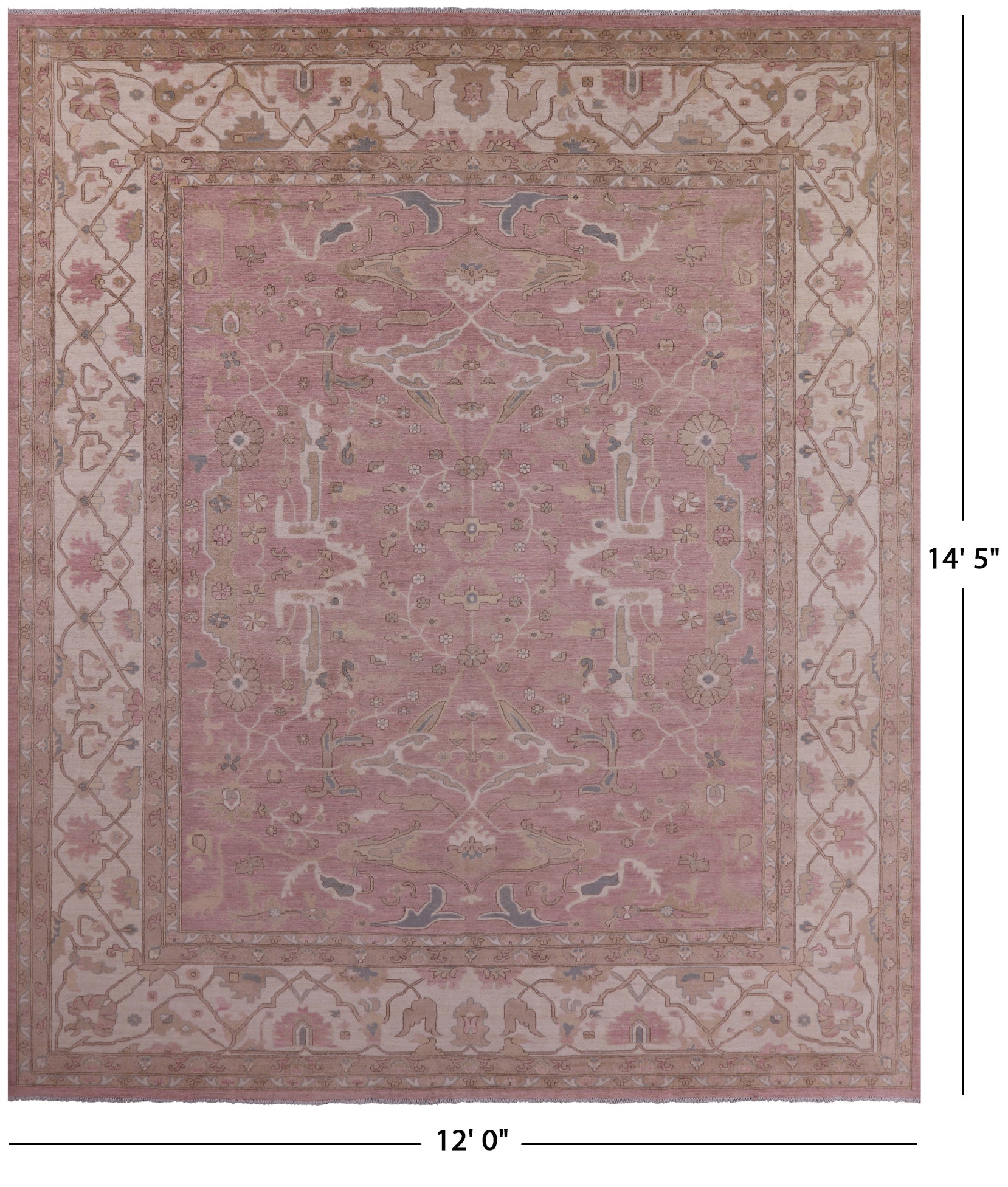 Pink Peshawar Handmade Wool Rug - 12' 0" X 14' 5" - Golden Nile