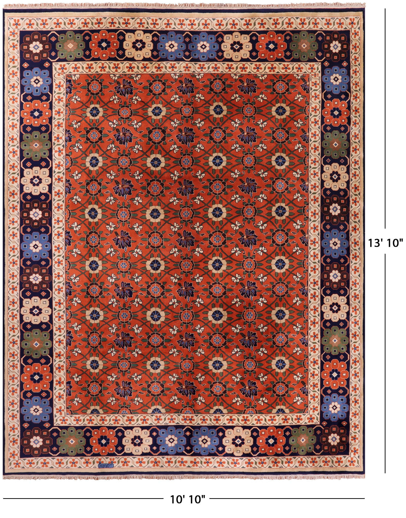 Red Signed Persian Varamin Hand Knotted Wool Rug - 10' 10" X 13' 10" - Golden Nile